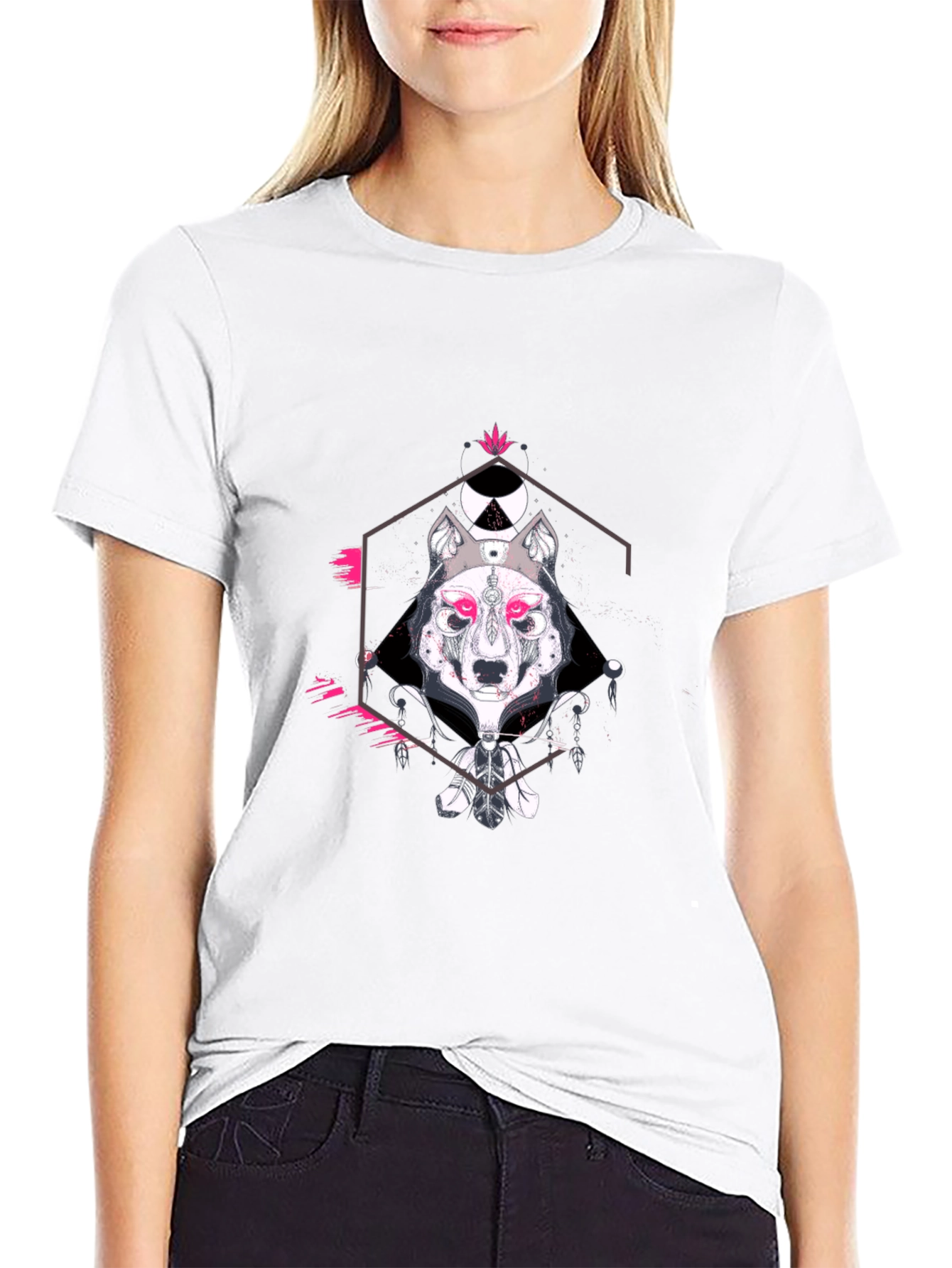 Geometric Wolf Graphic Print Black T-Shirt