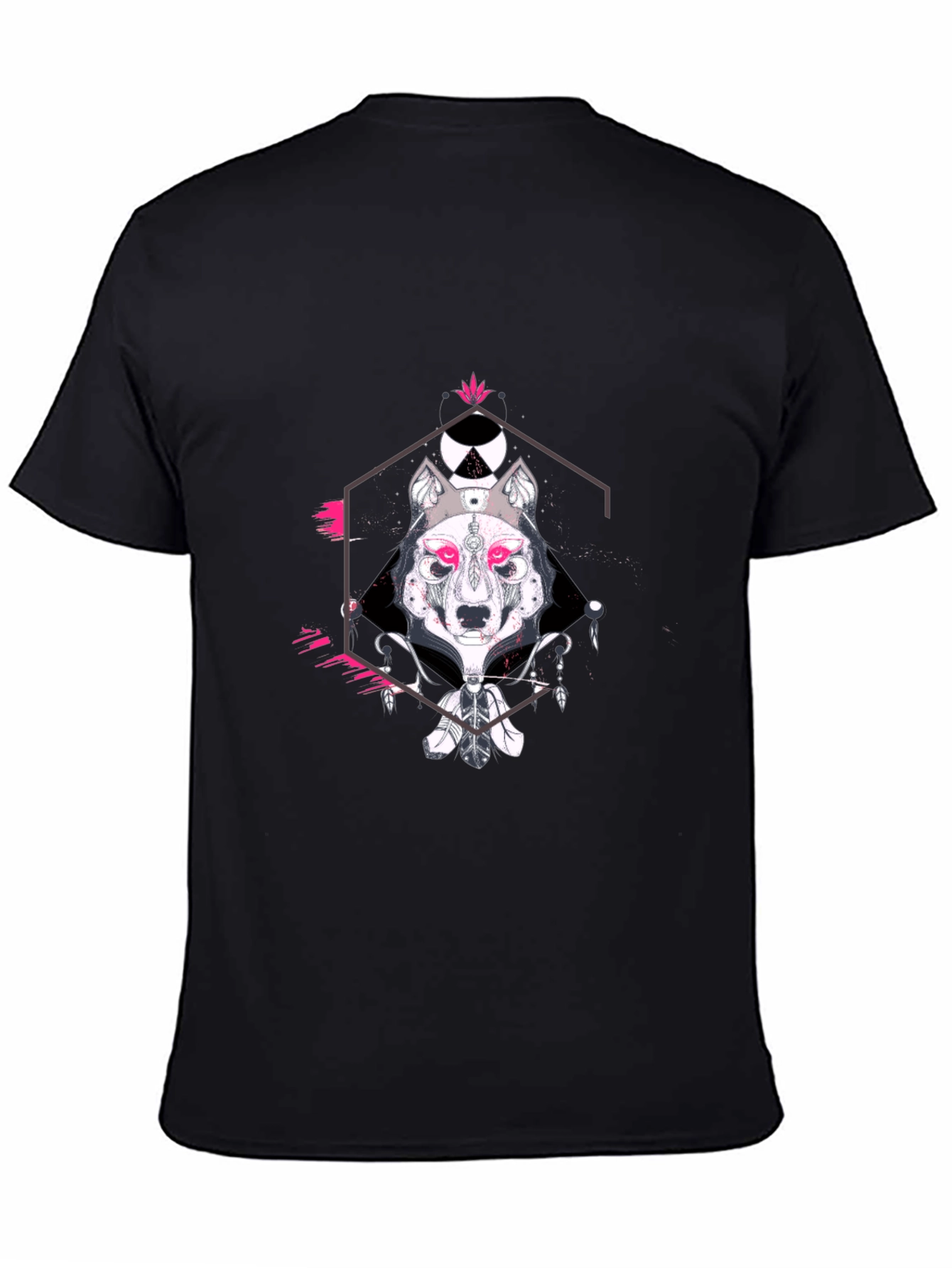 Geometric Wolf Graphic Print Black T-Shirt