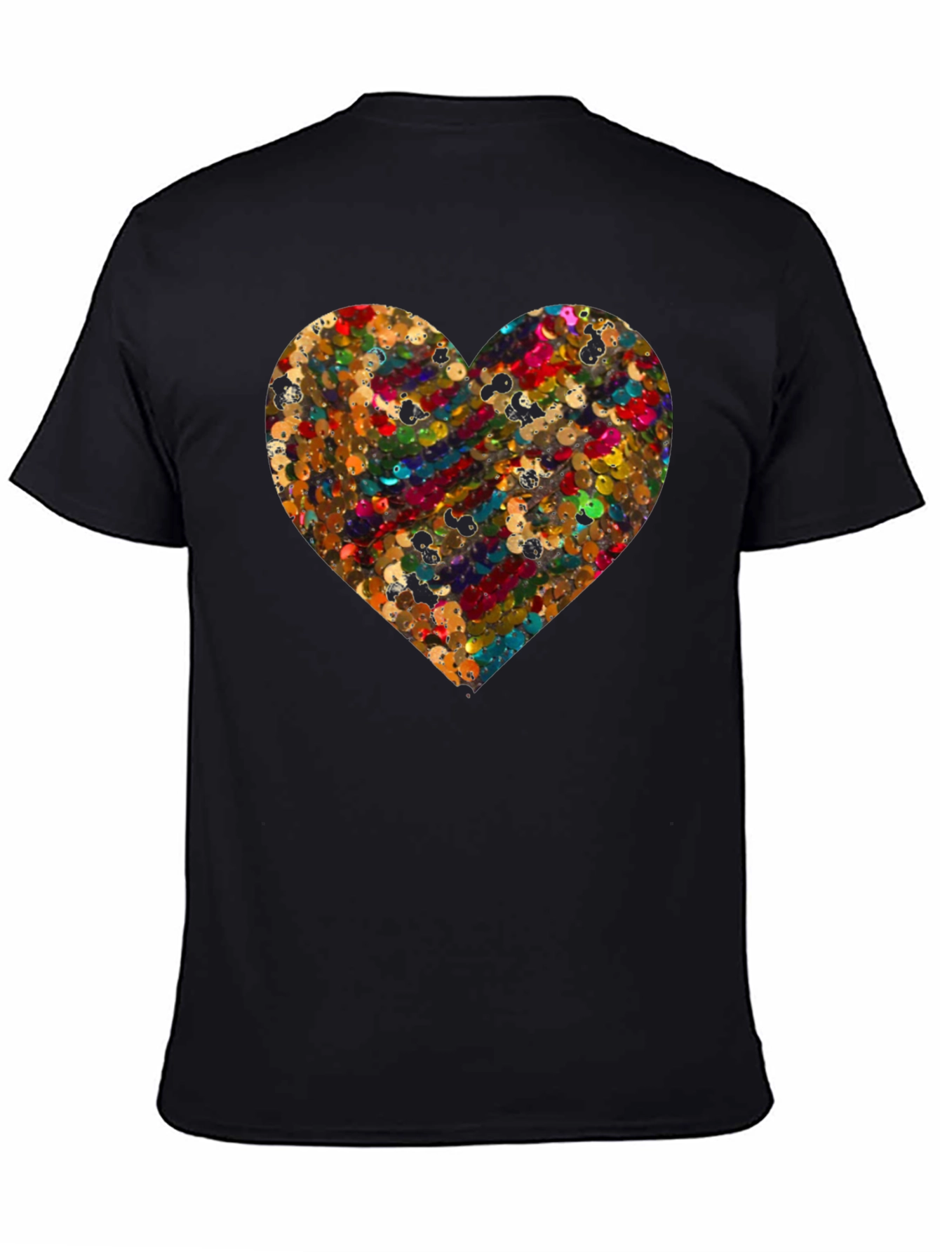 Sequin Heart Black Crew Neck T-Shirt