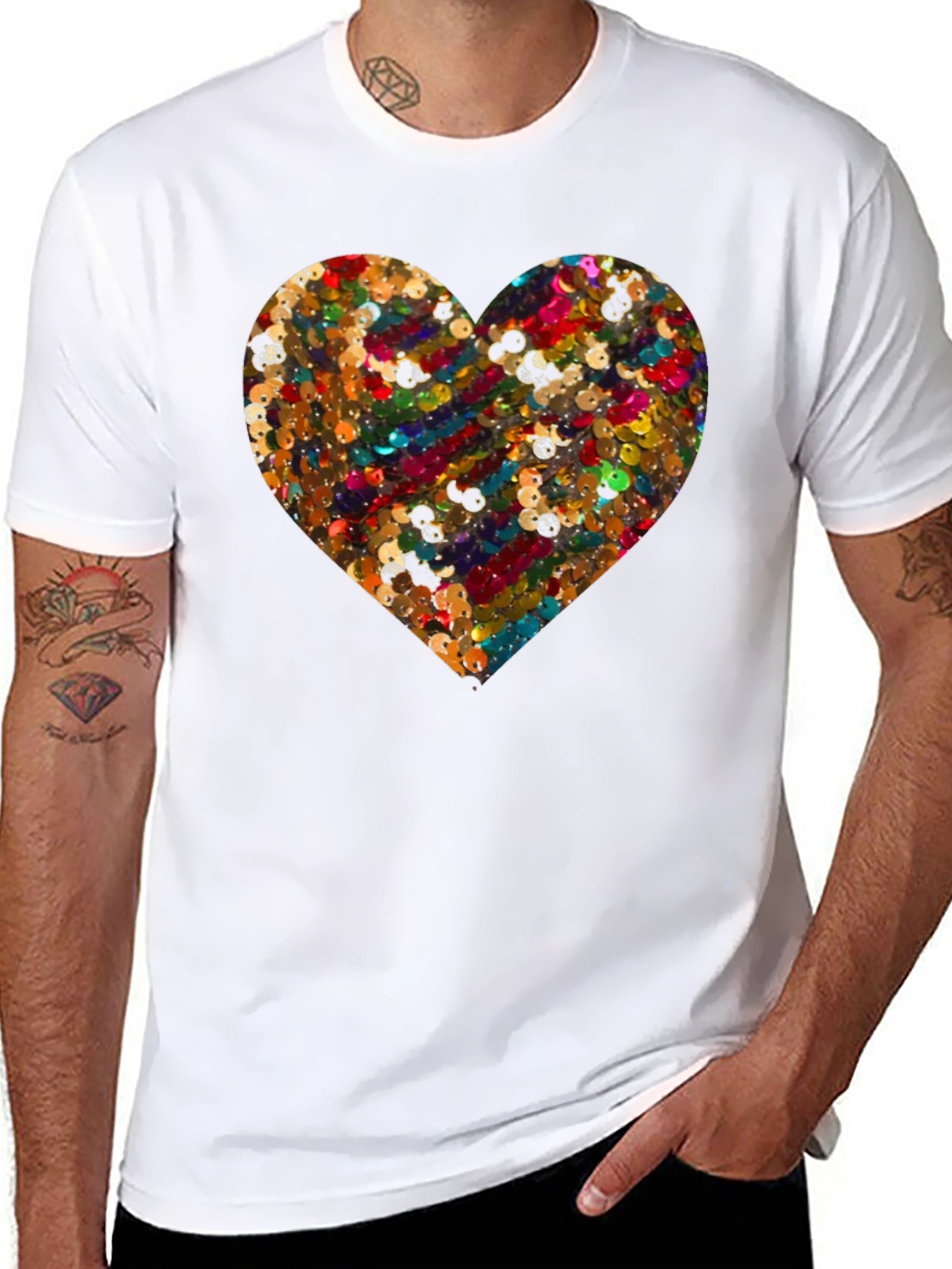 Sequin Heart Black Crew Neck T-Shirt
