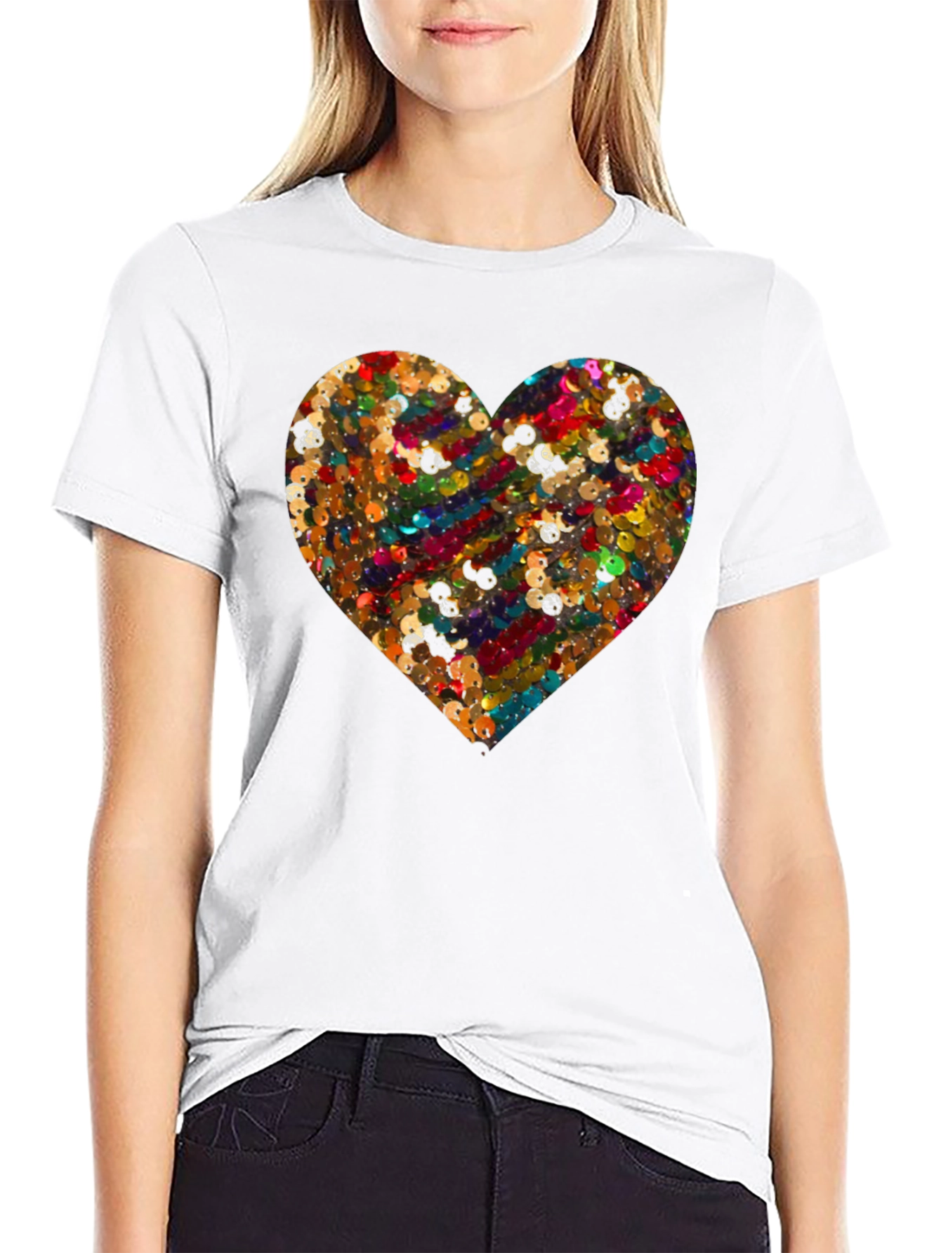 Sequin Heart Black Crew Neck T-Shirt