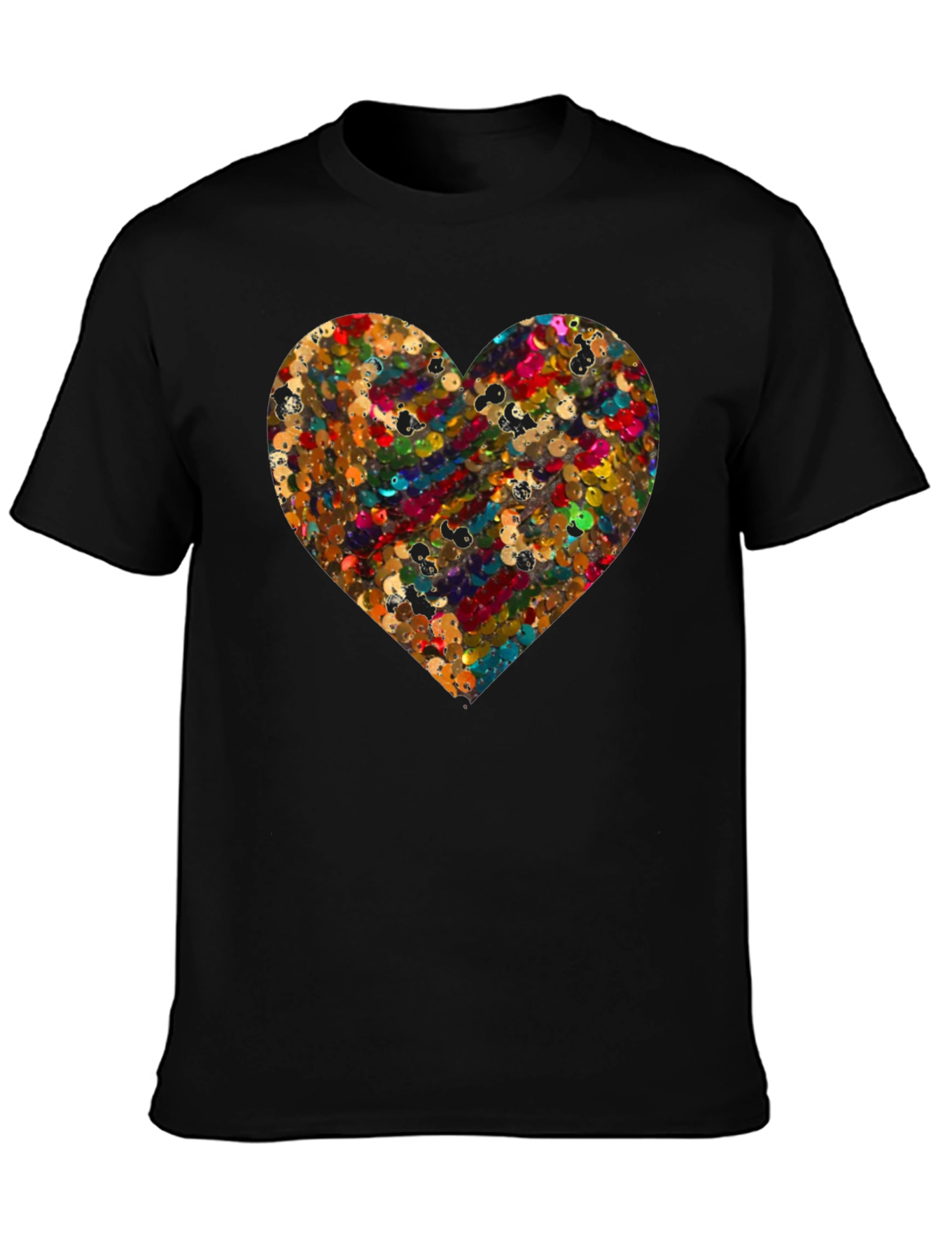 Sequin Heart Black Crew Neck T-Shirt