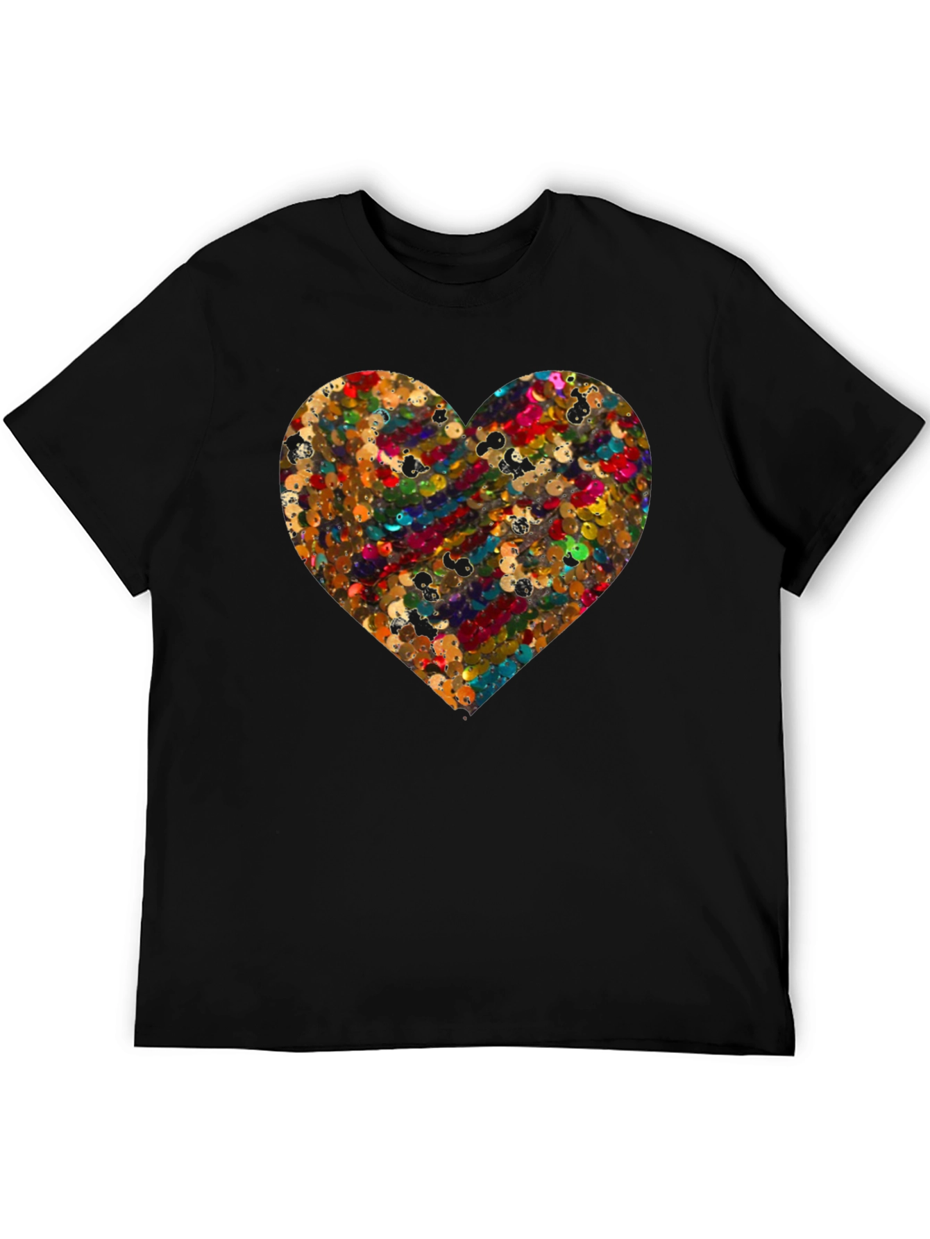 Sequin Heart Black Crew Neck T-Shirt