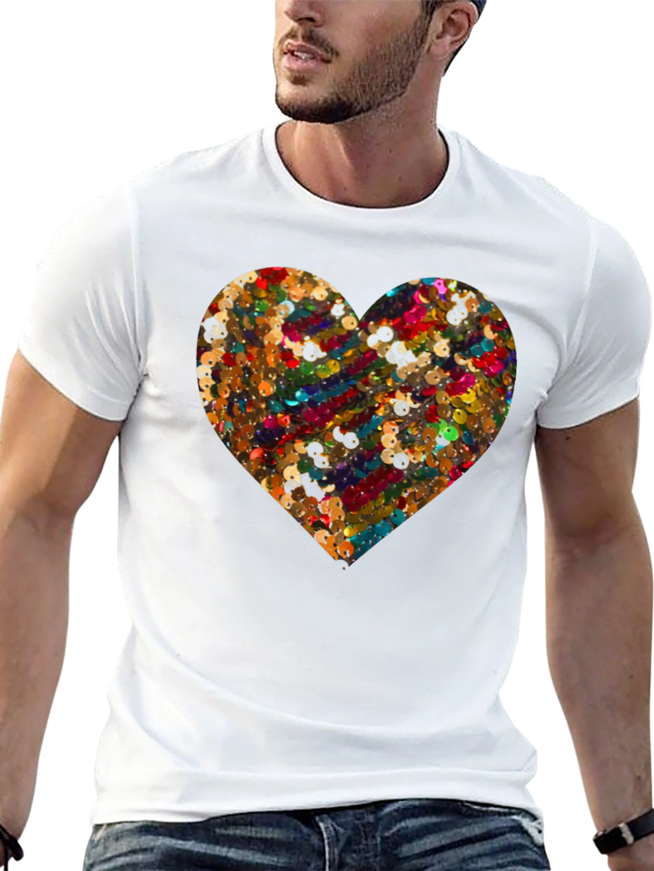Sequin Heart Black Crew Neck T-Shirt