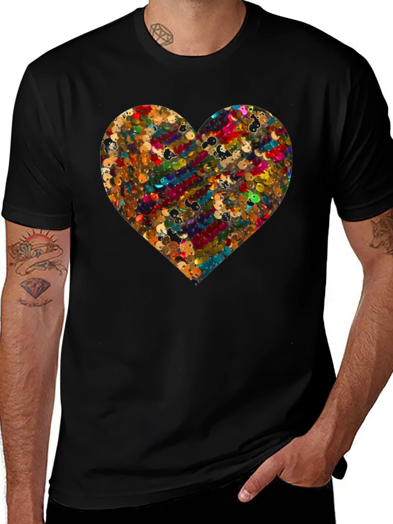 Sequin Heart Black Crew Neck T-Shirt