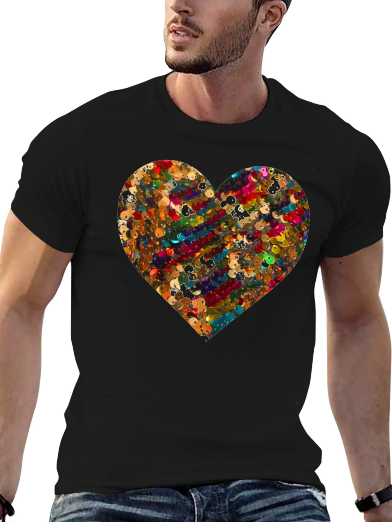 Sequin Heart Black Crew Neck T-Shirt