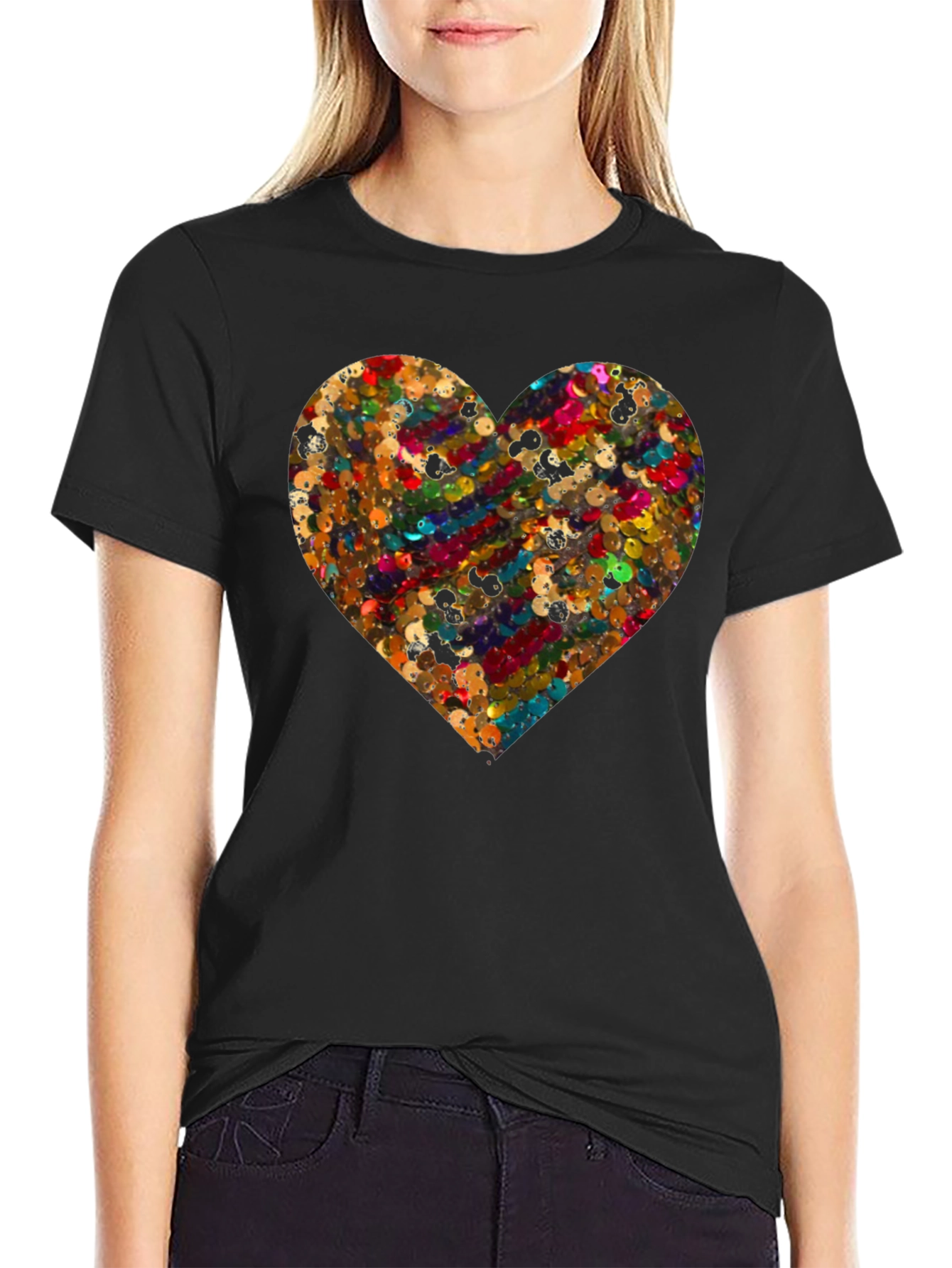 Sequin Heart Black Crew Neck T-Shirt