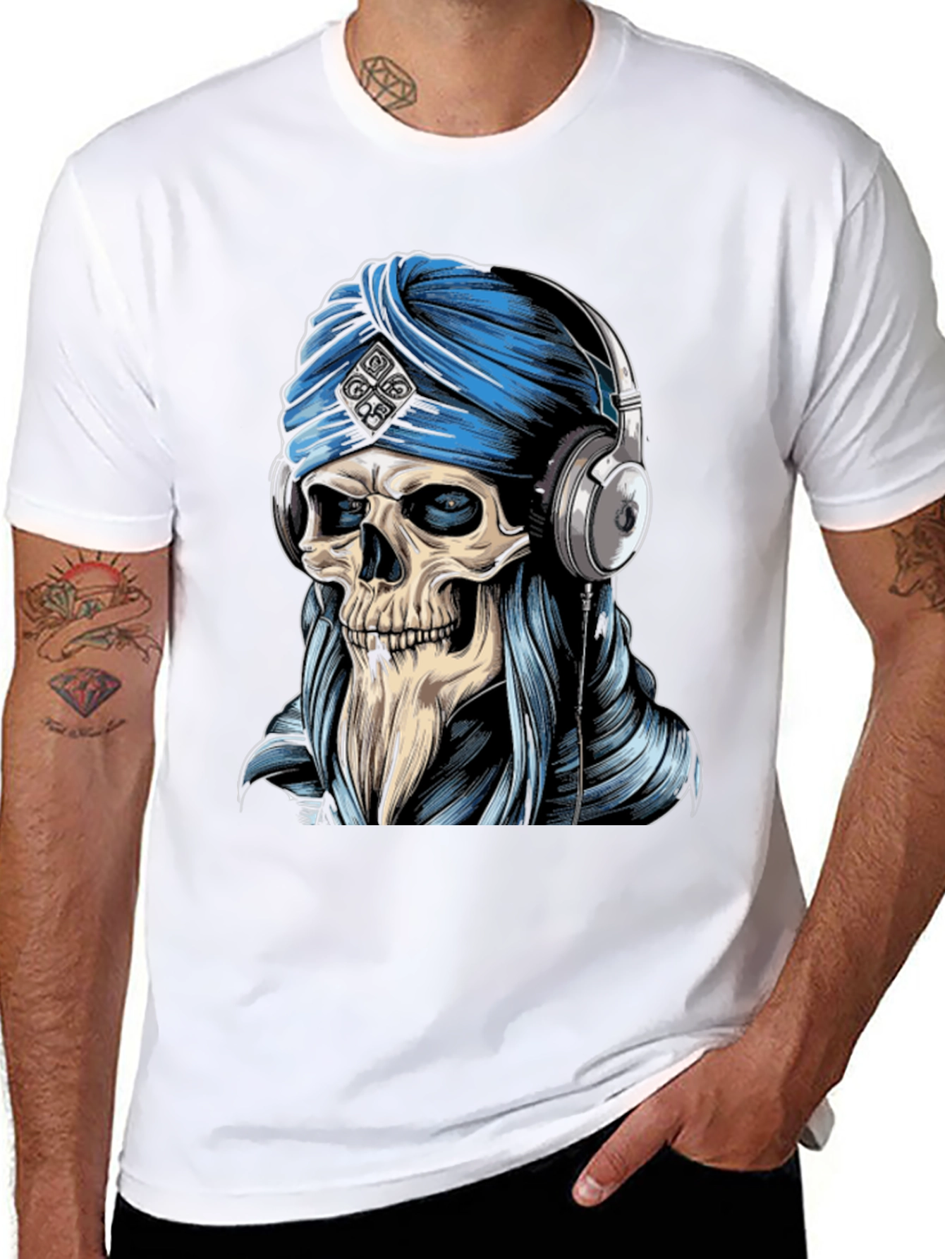 Skull Turban Headphones Graphic Tee - Black