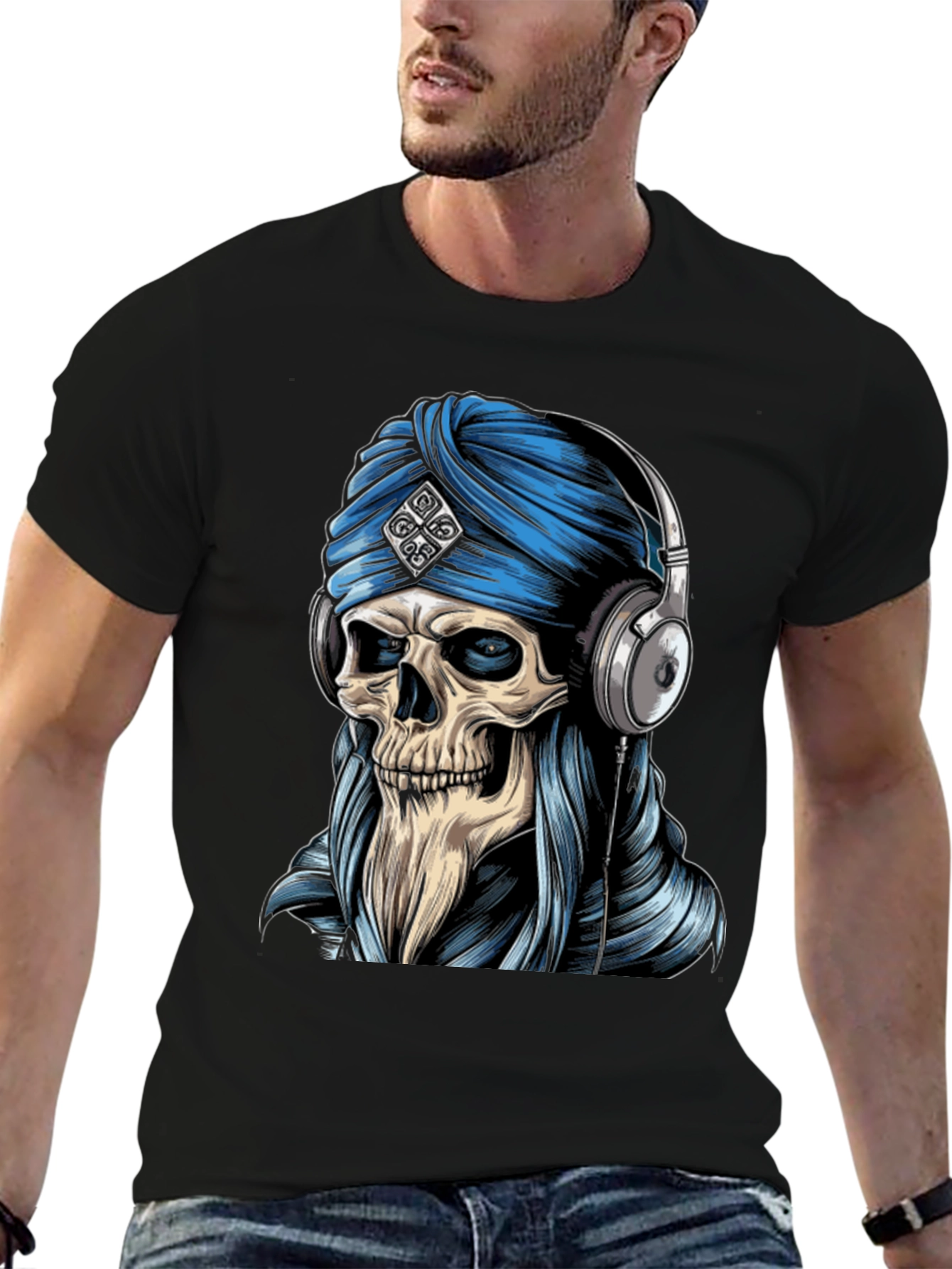 Skull Turban Headphones Graphic Tee - Black