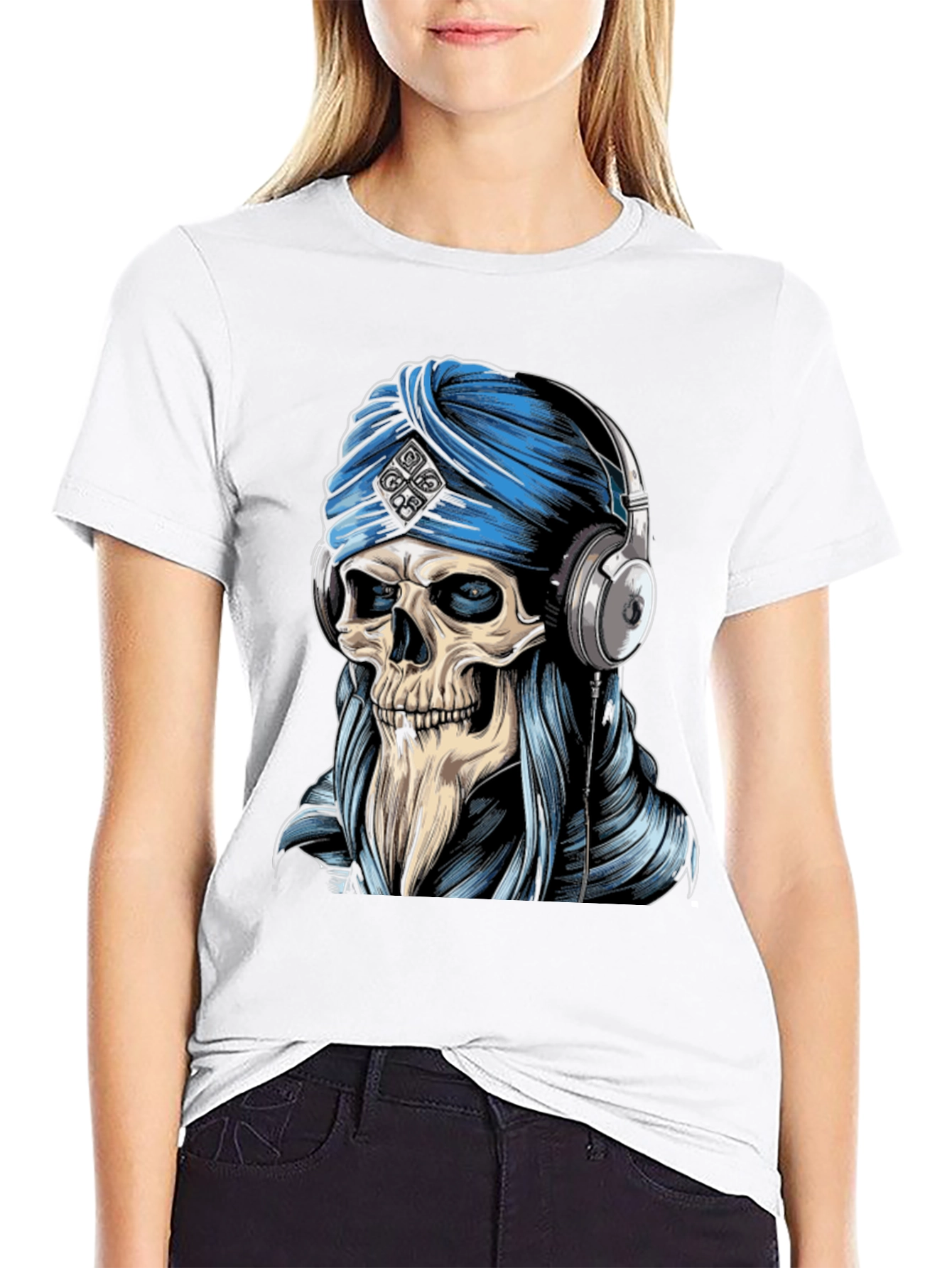 Skull Turban Headphones Graphic Tee - Black