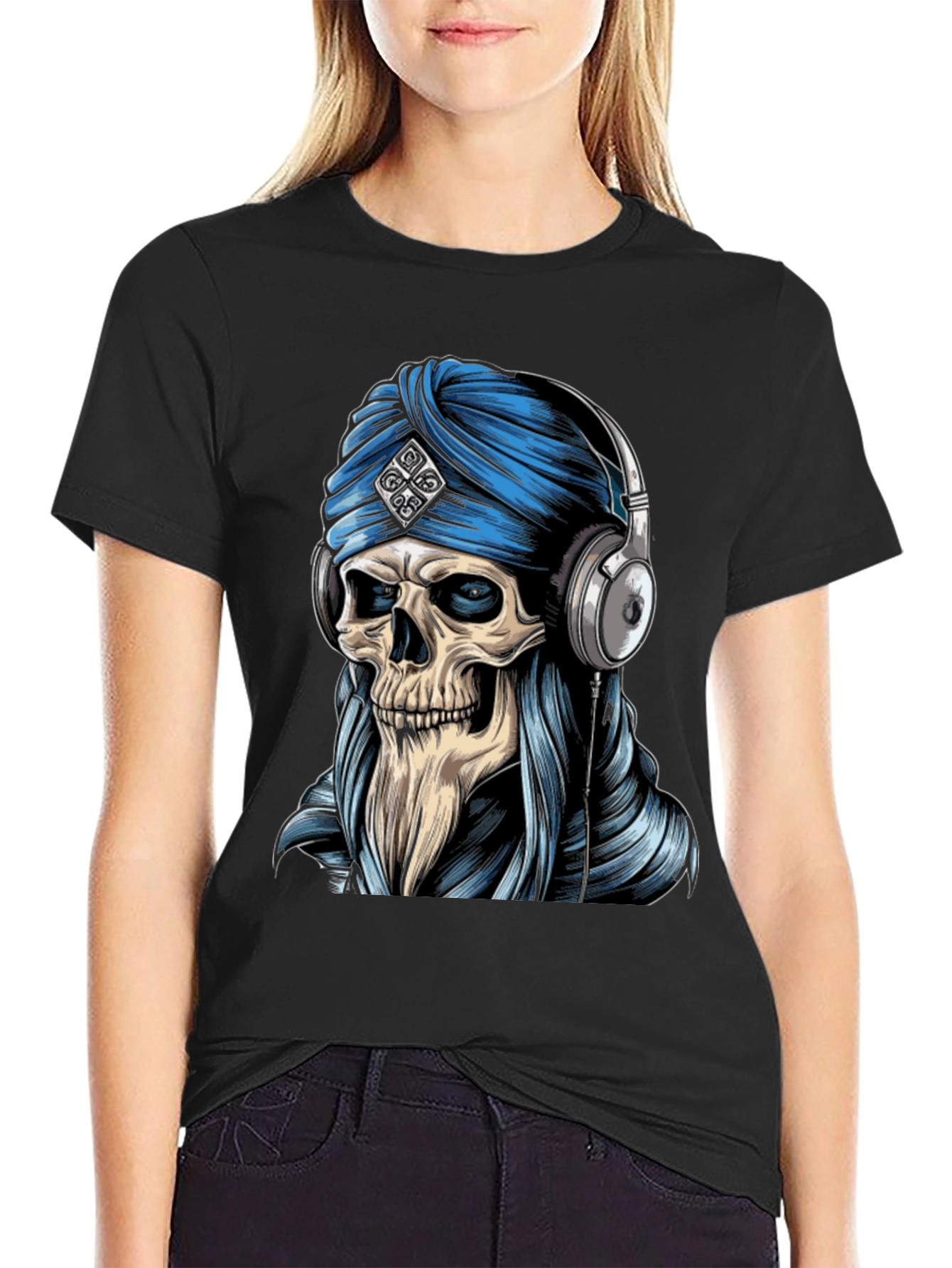 Skull Turban Headphones Graphic Tee - Black
