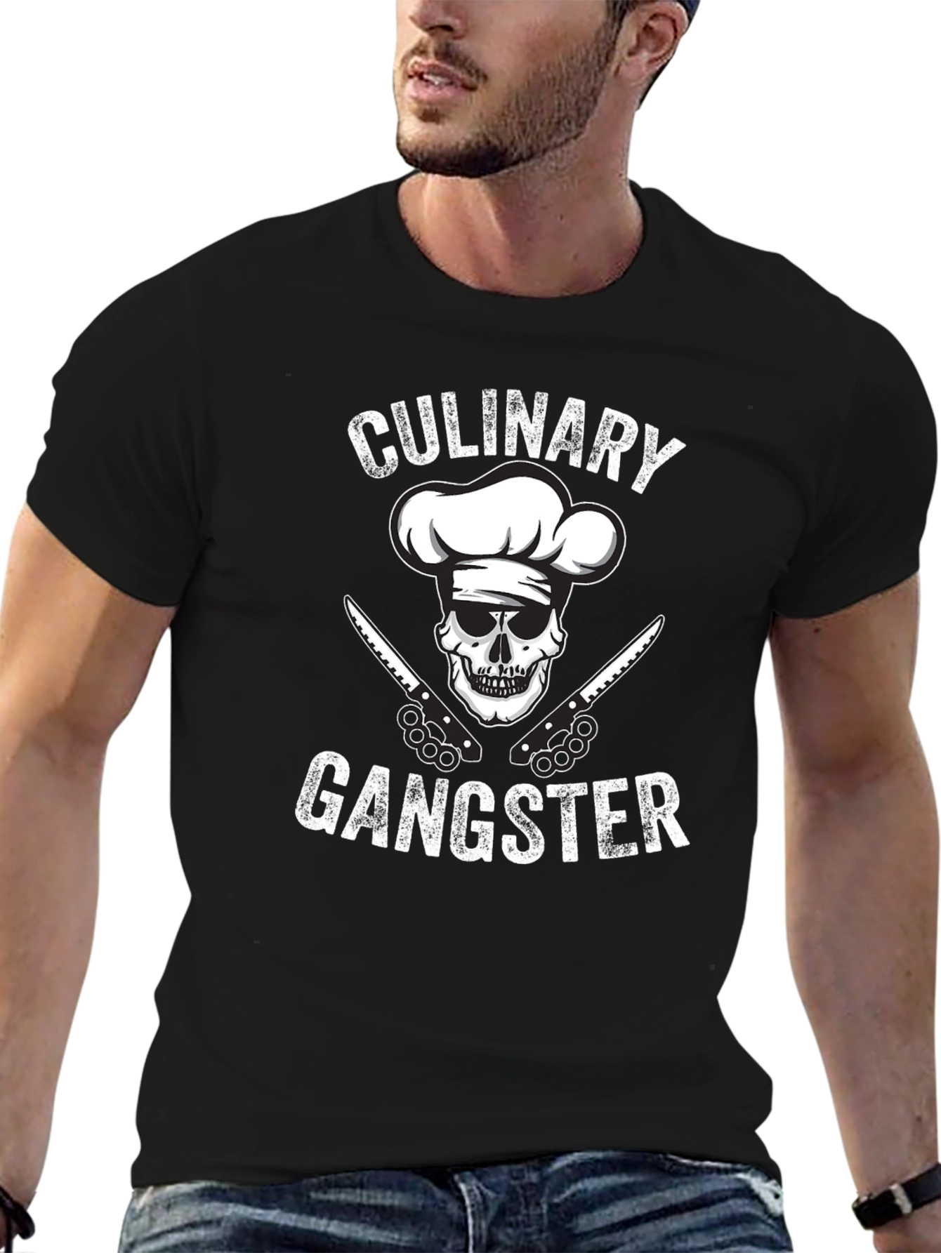Culinary Gangster Black T-Shirt: Skull Chef Design
