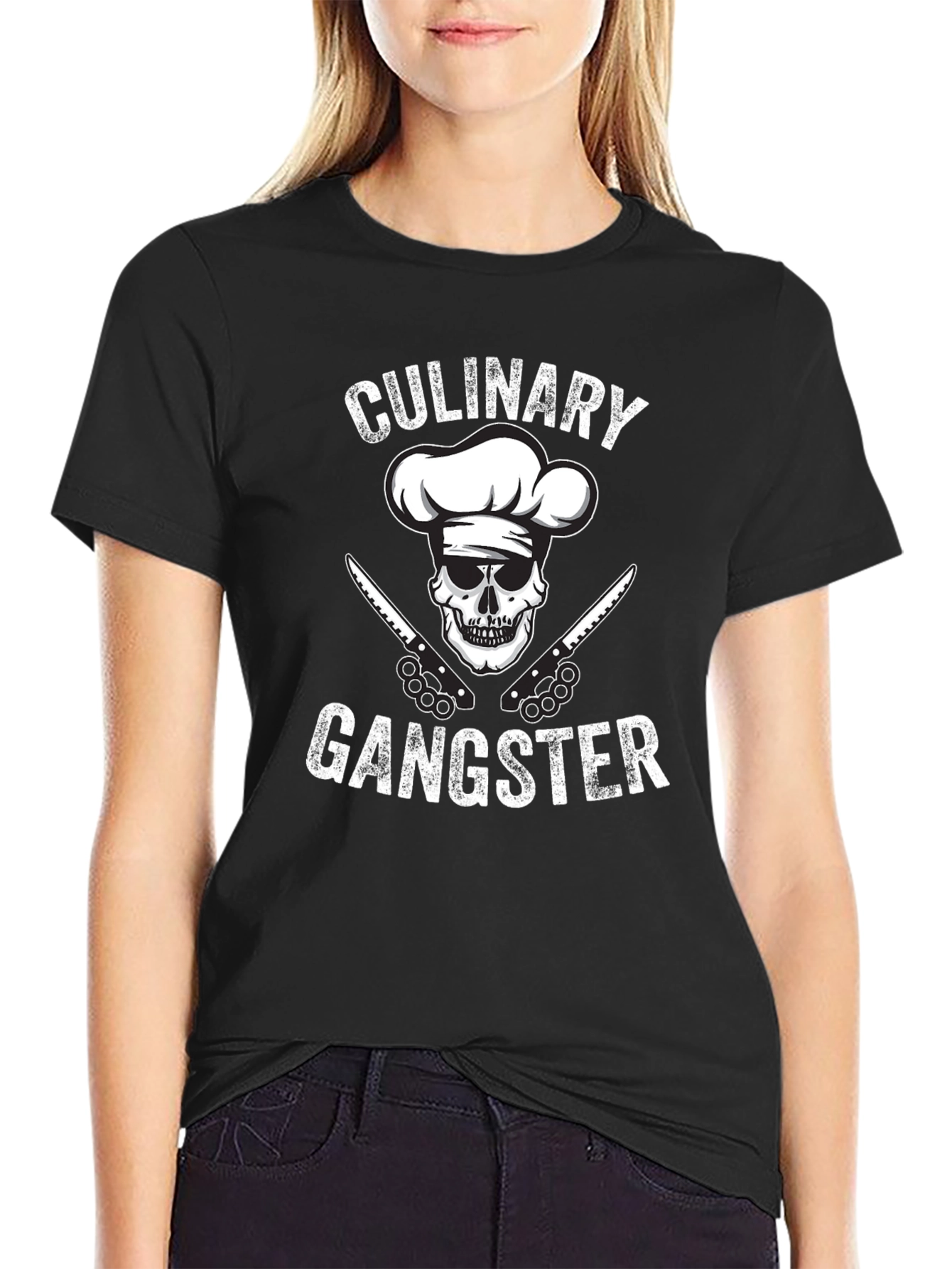 Culinary Gangster Black T-Shirt: Skull Chef Design