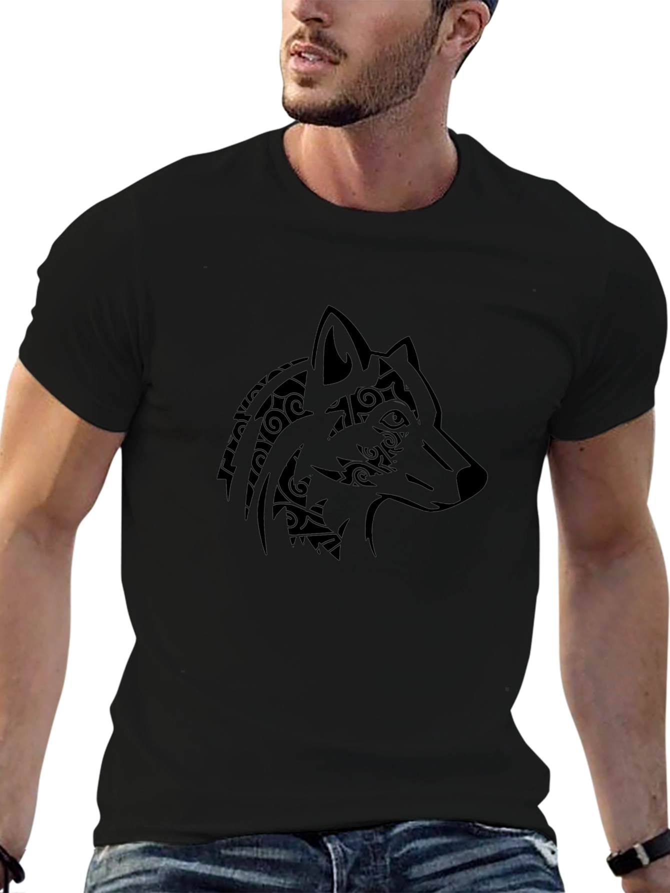 Tribal Wolf Graphic Tee - Mens Black T-Shirt