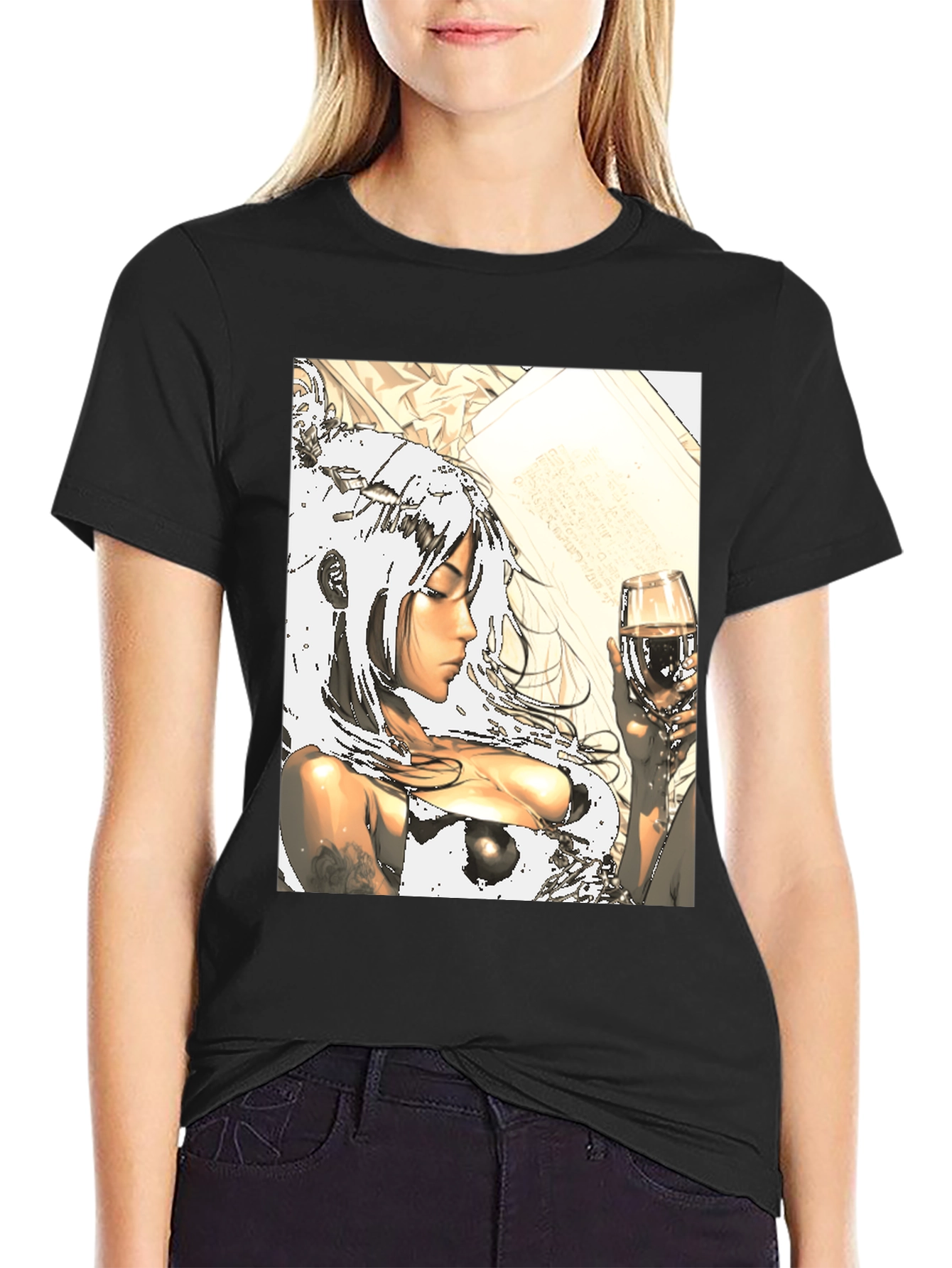 Anime Girl Wine Black T-Shirt