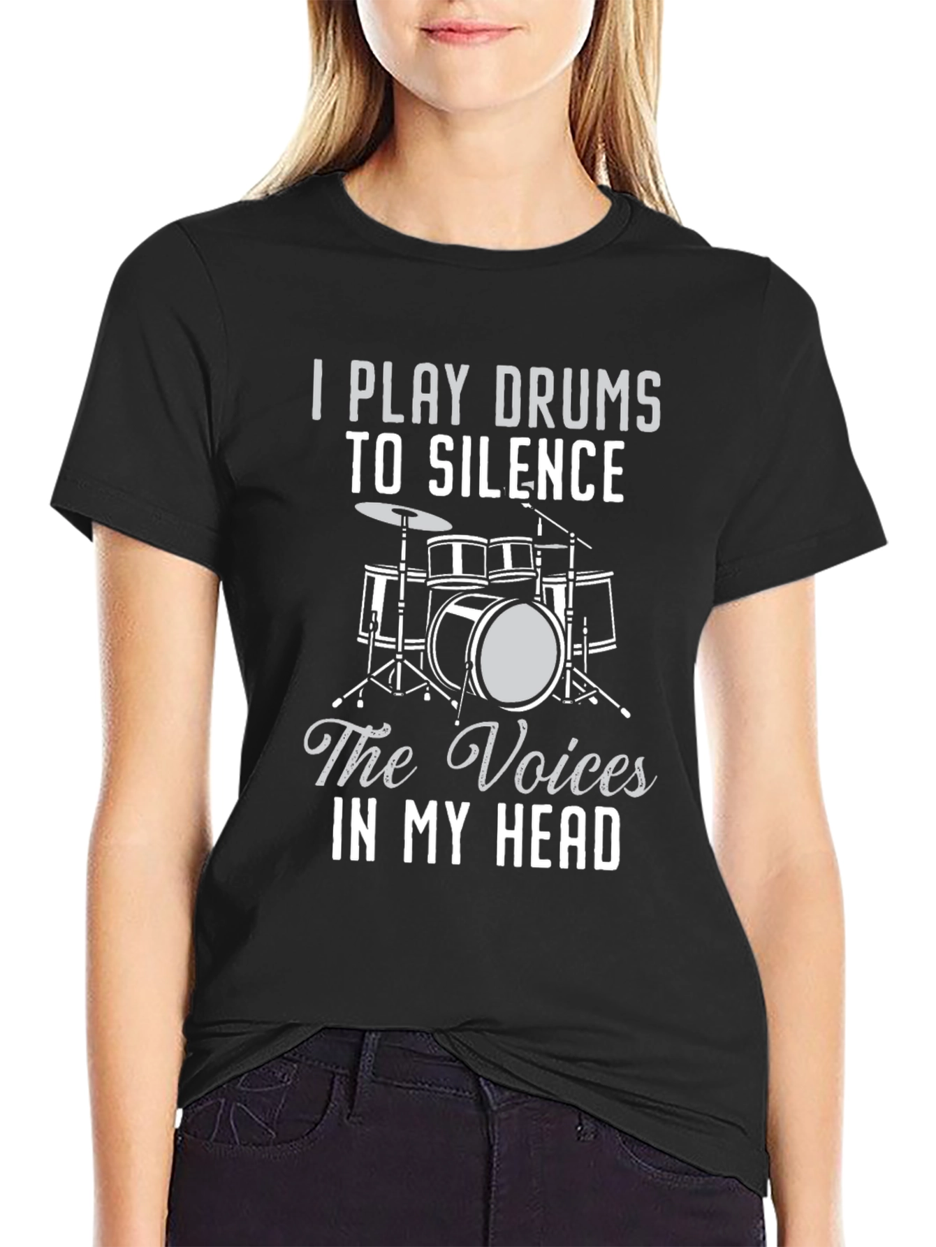 Drummer T-Shirt: Silence The Voices Funny Music Tee