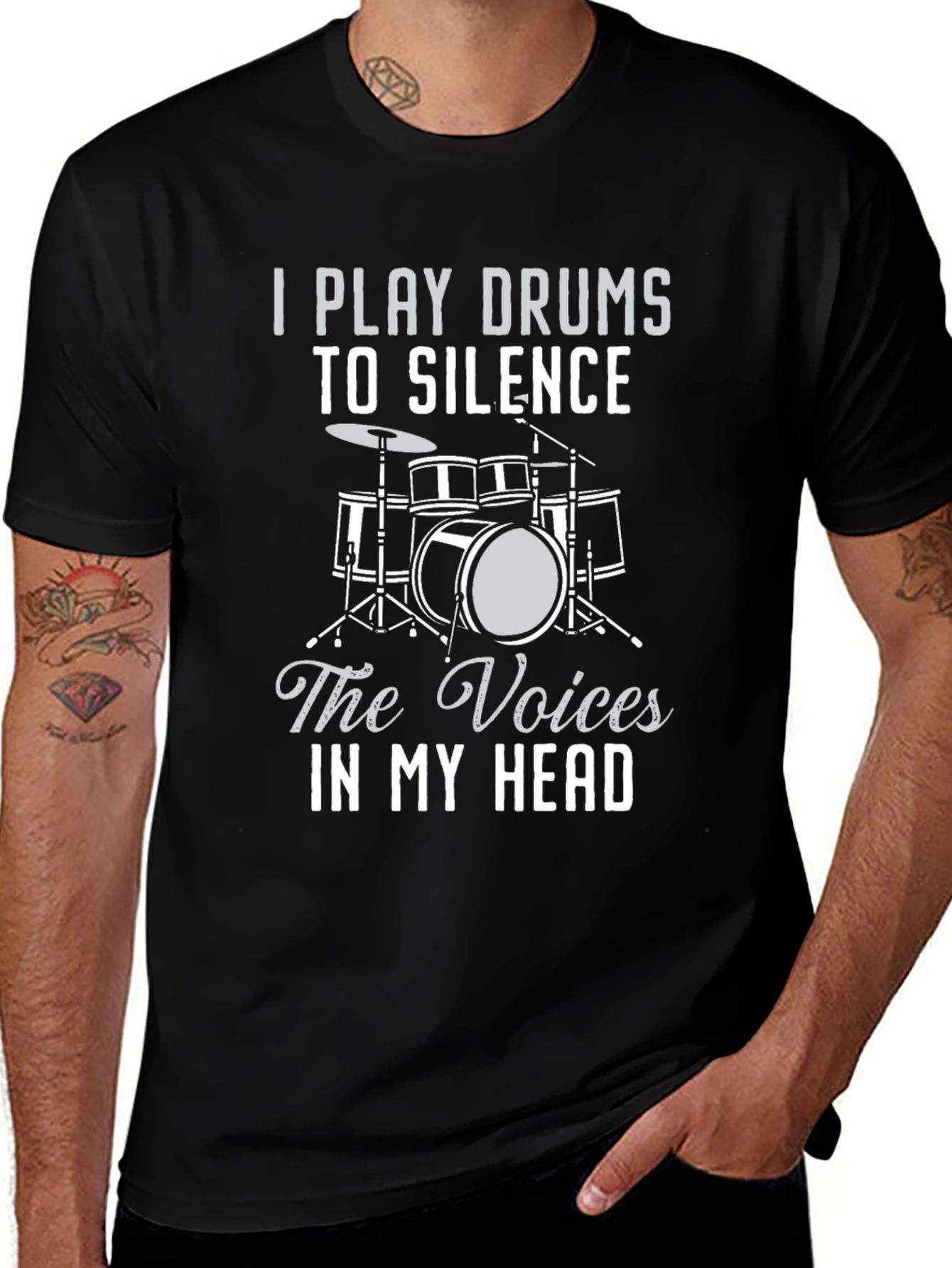 Drummer T-Shirt: Silence The Voices Funny Music Tee