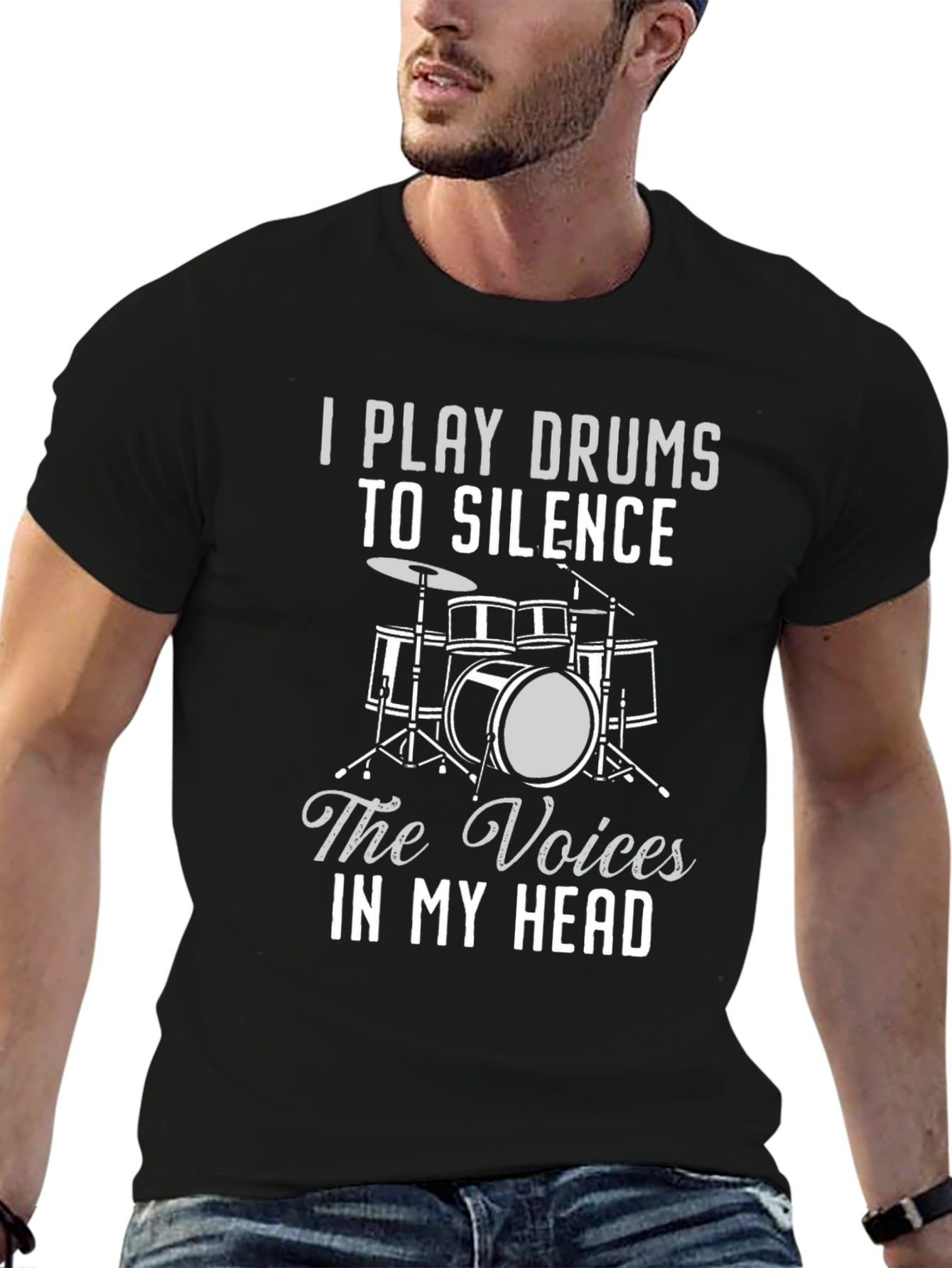 Drummer T-Shirt: Silence The Voices Funny Music Tee