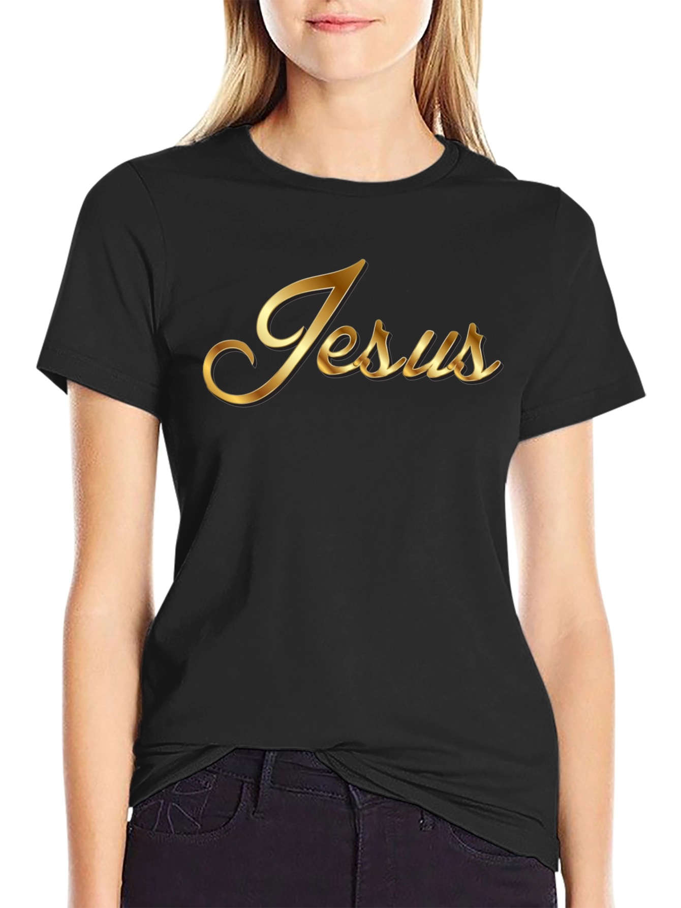 Gold Jesus Graphic Black T-Shirt