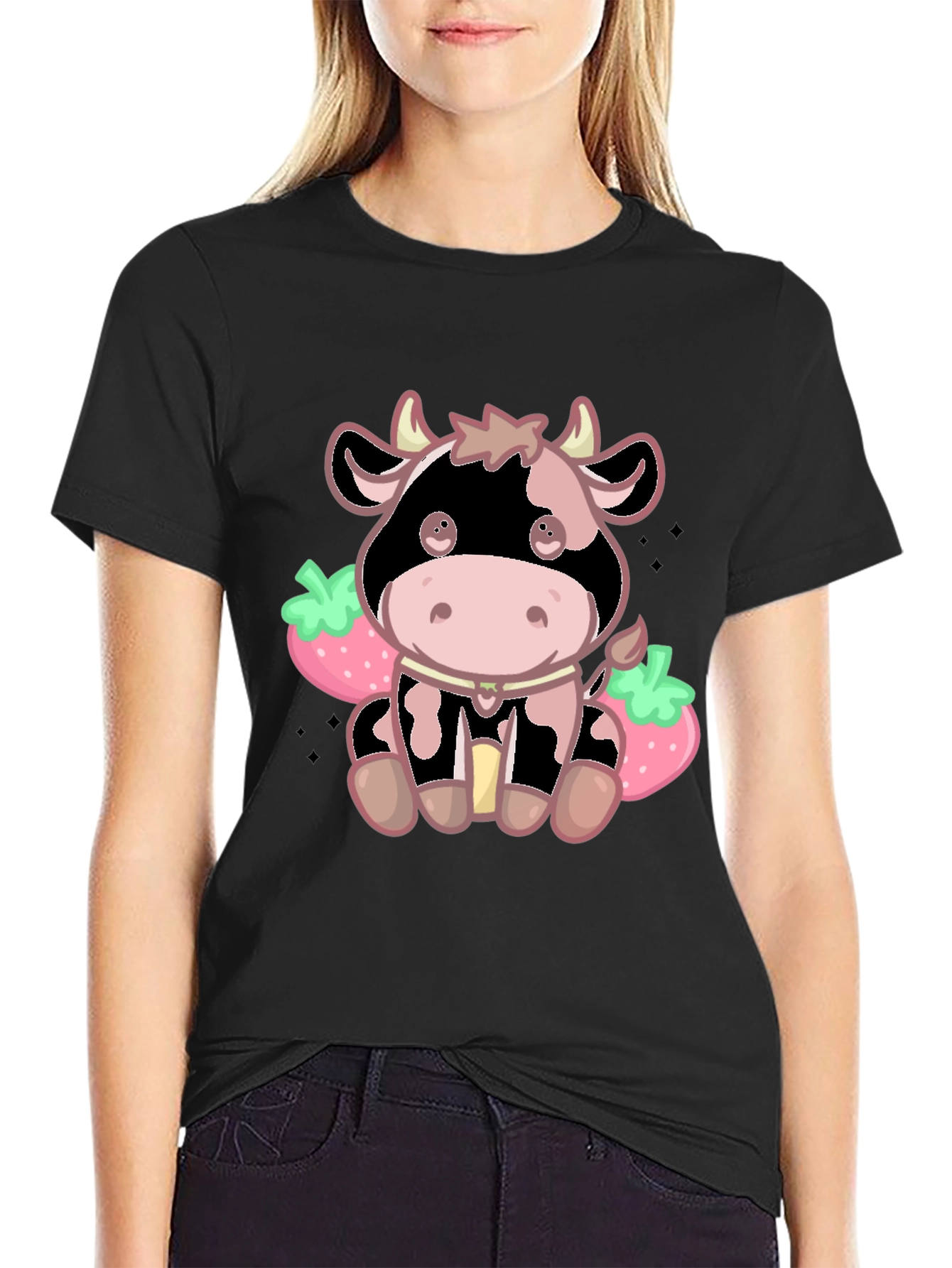 Kawaii Strawberry Cow Graphic Tee - Cute Cartoon Style