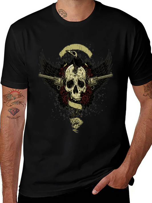 Skull Raven and Guns Graphic Tee - Mens Black T-Shirt