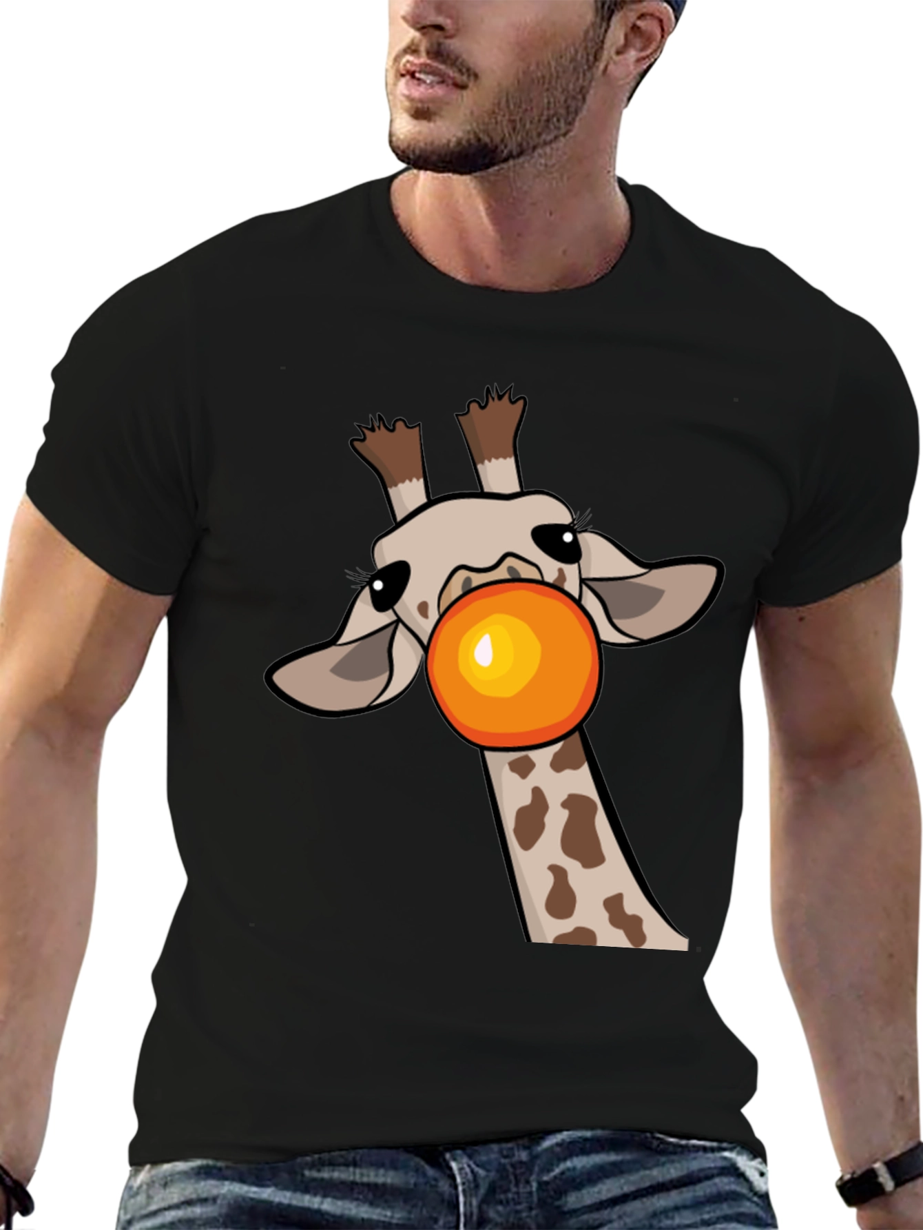 Giraffe Bubble Gum Pop Mens Black Graphic Tee
