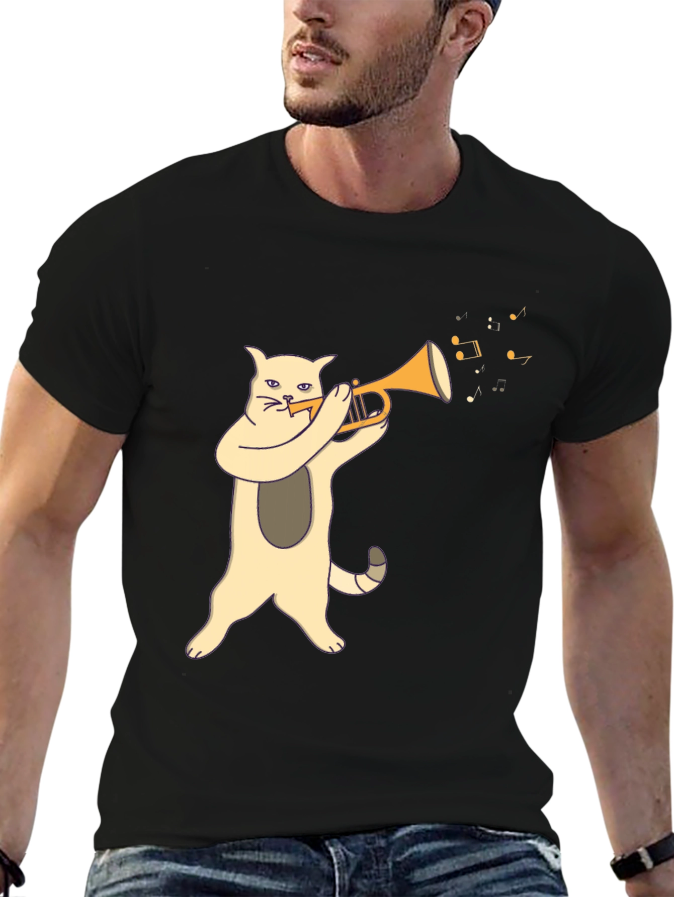 Cat Playing Trumpet Graphic Tee - Black