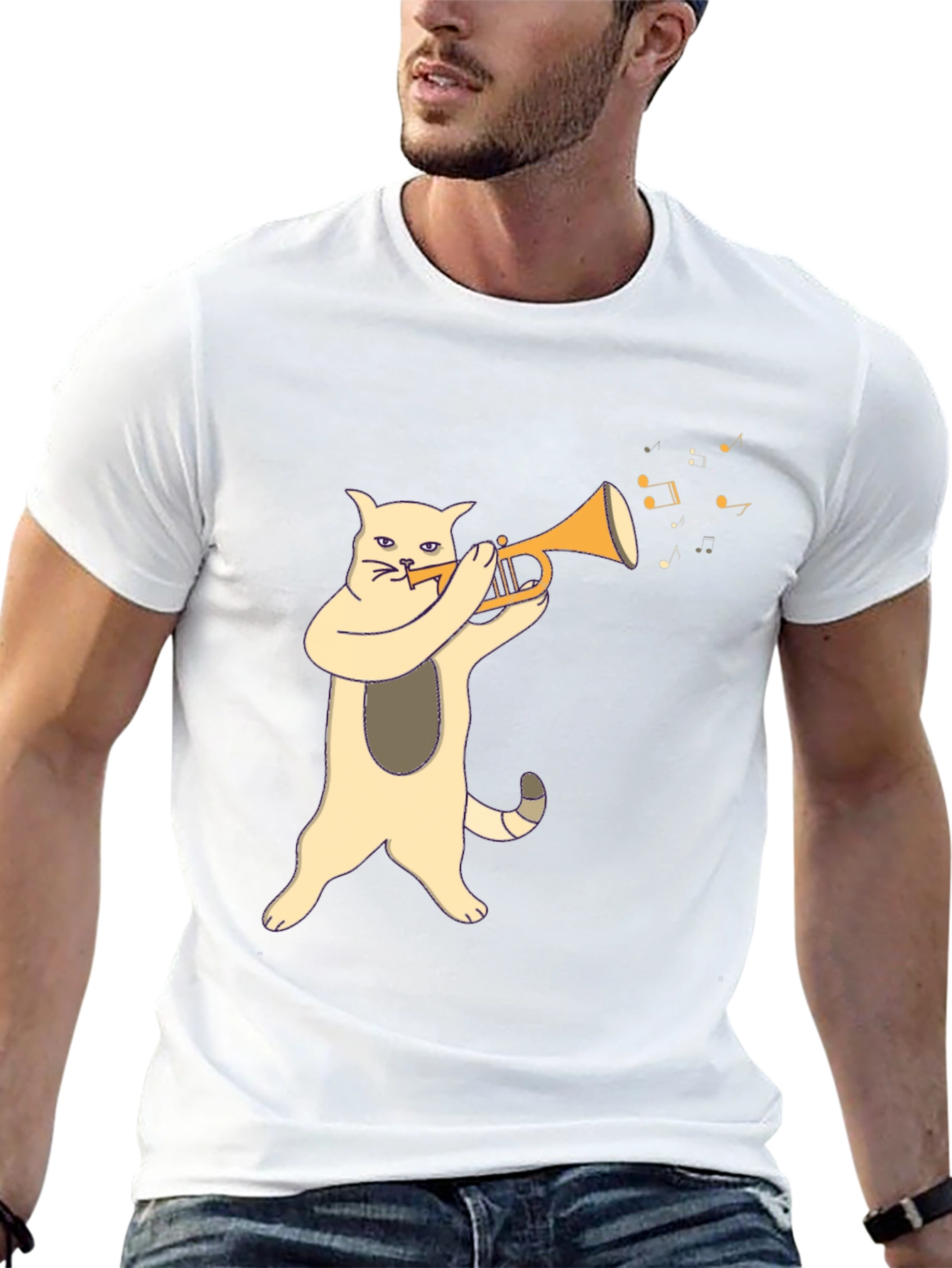 Cat Playing Trumpet Graphic Tee - Black
