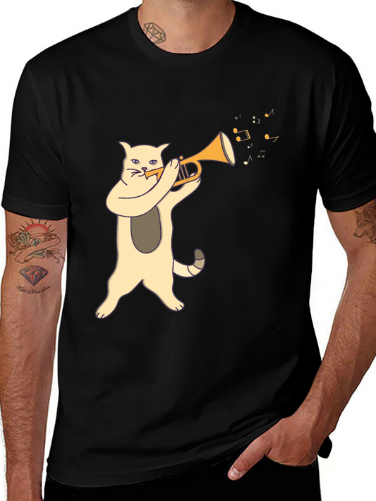 Cat Playing Trumpet Graphic Tee - Black