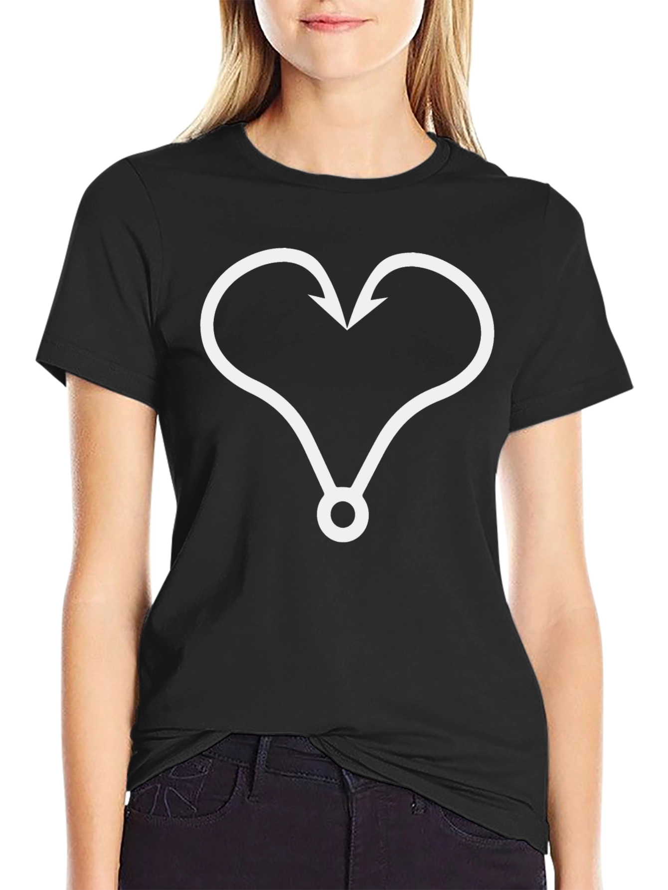 Heart Fishing Hook Graphic Tee - Black