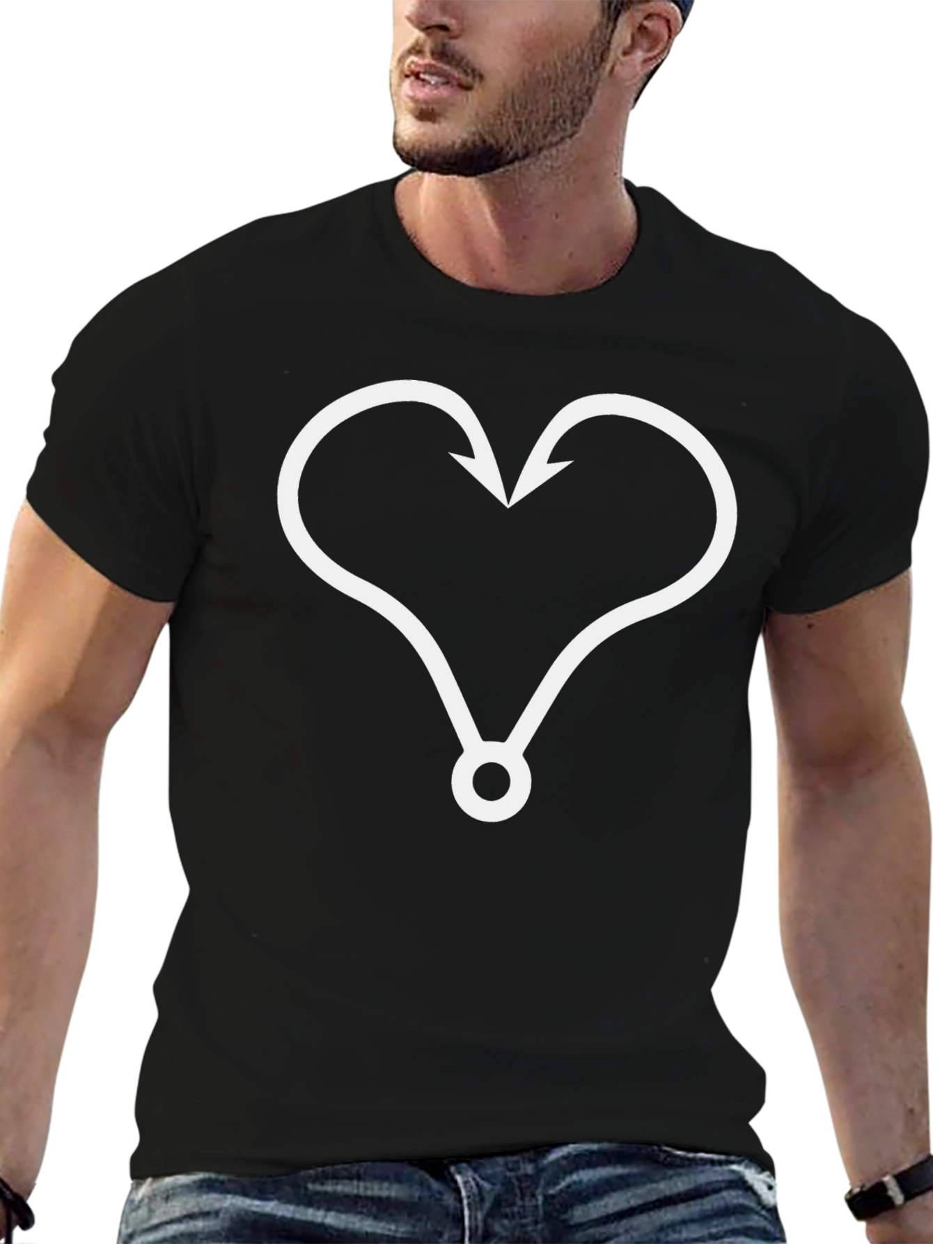 Heart Fishing Hook Graphic Tee - Black