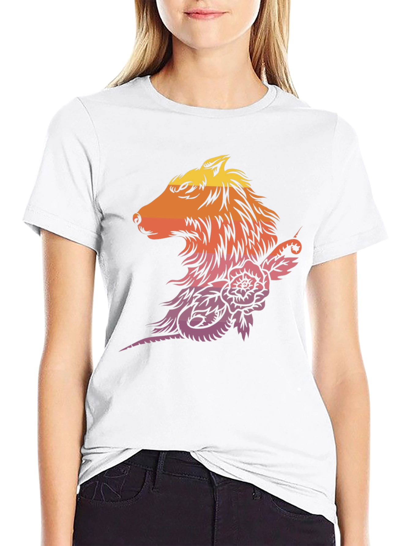 Sunset Wolf & Rose Graphic T-Shirt