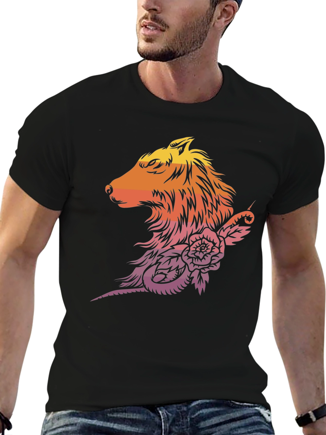 Sunset Wolf & Rose Graphic T-Shirt