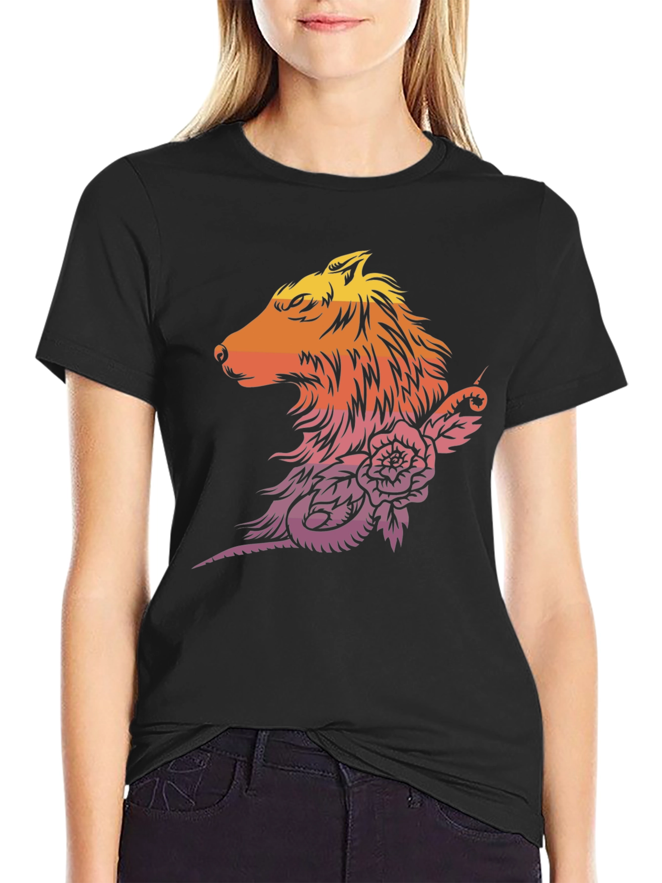 Sunset Wolf & Rose Graphic T-Shirt