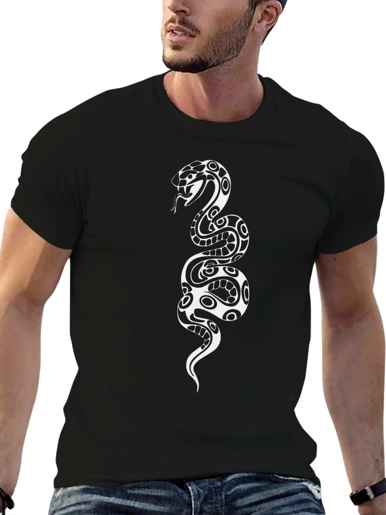 Black Tee with Tribal Snake Graphic