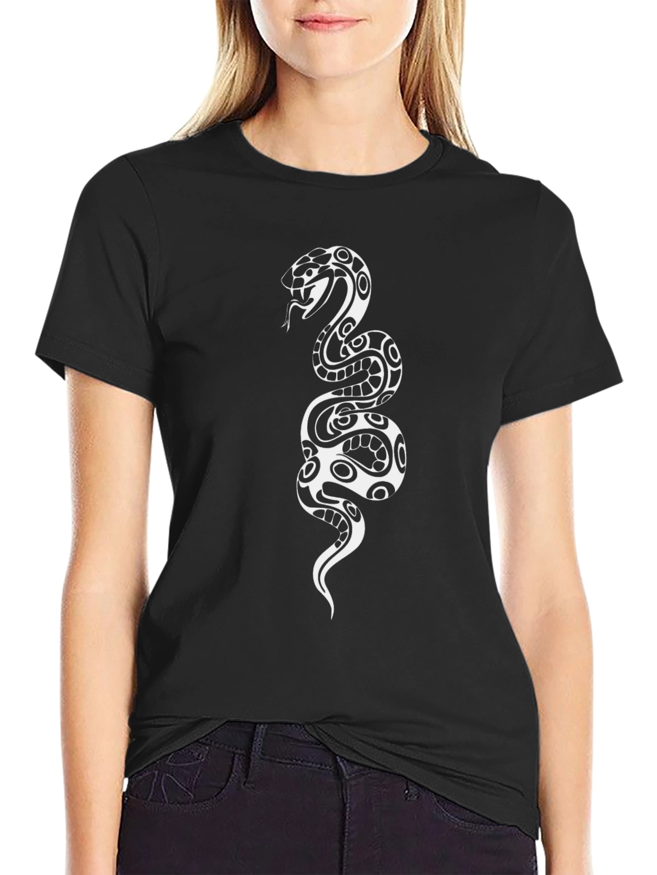 Black Tee with Tribal Snake Graphic