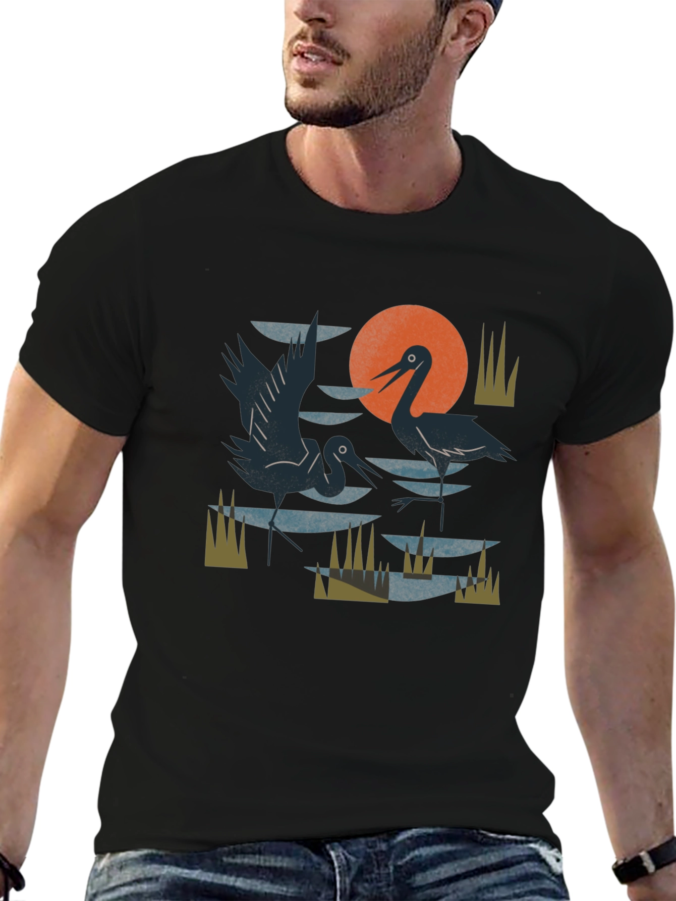 Heron Sunset Graphic Tee - Unisex Cotton T-Shirt