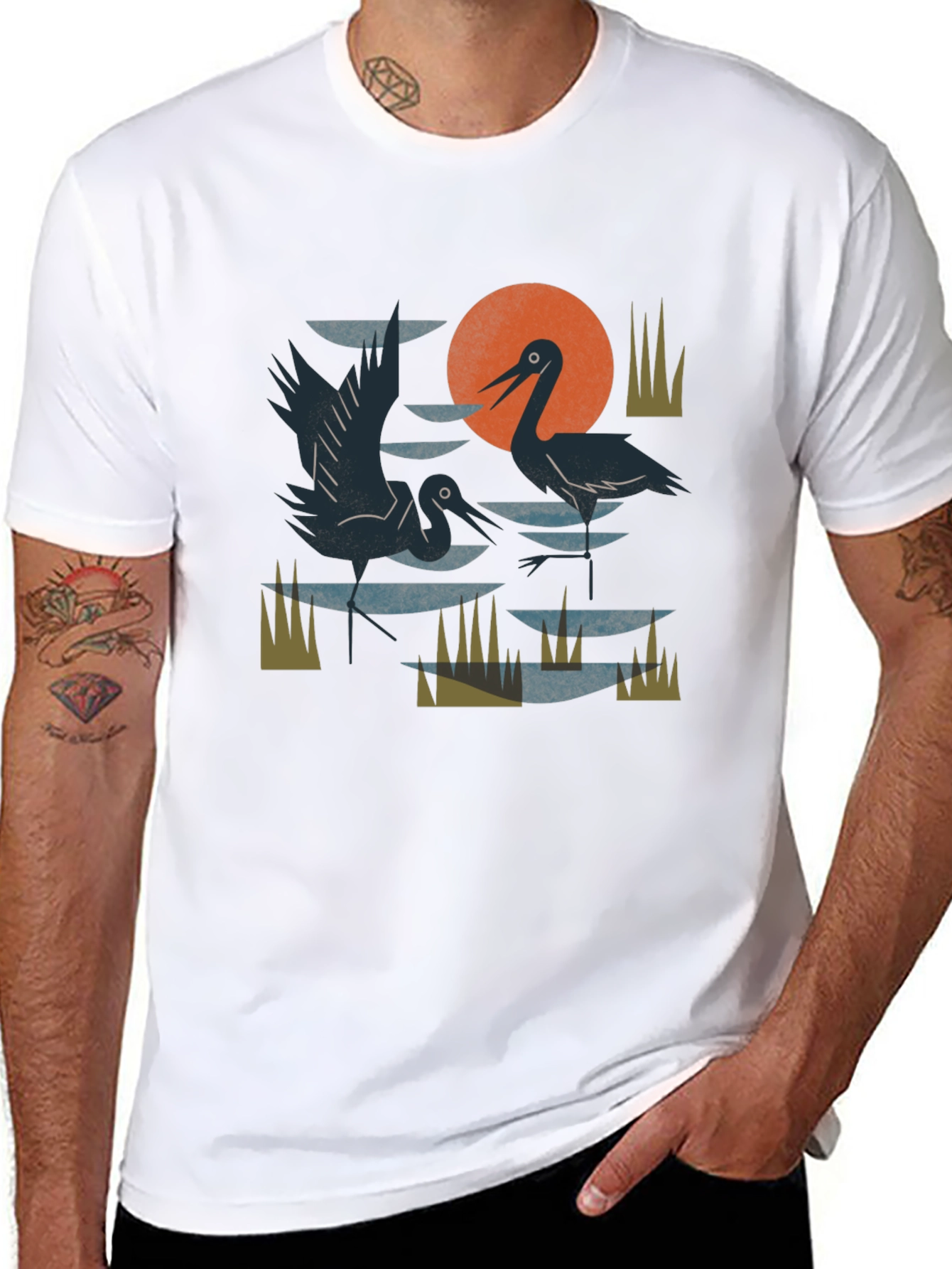 Heron Sunset Graphic Tee - Unisex Cotton T-Shirt