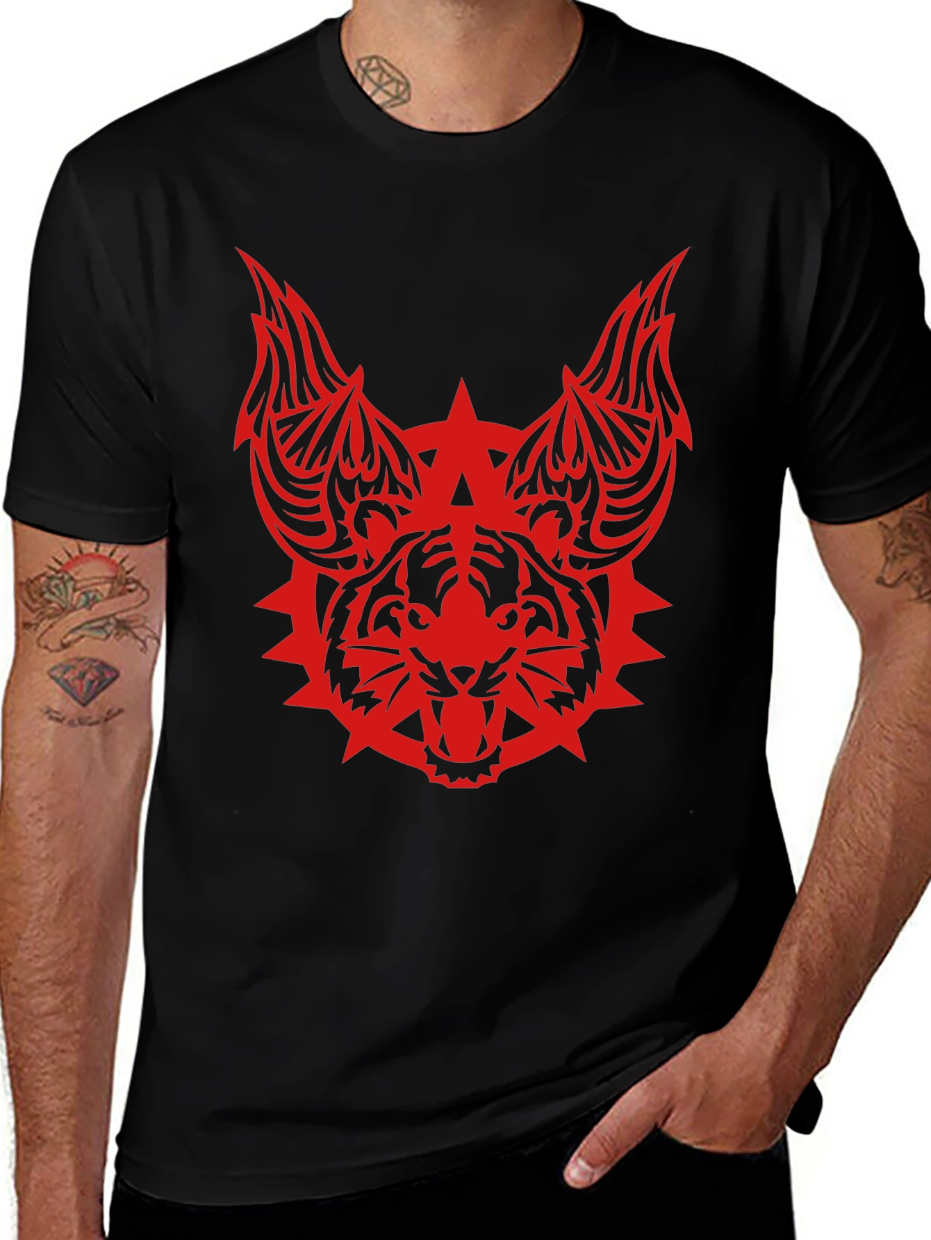 Edgy Tribal Tiger Graphic Black T-Shirt
