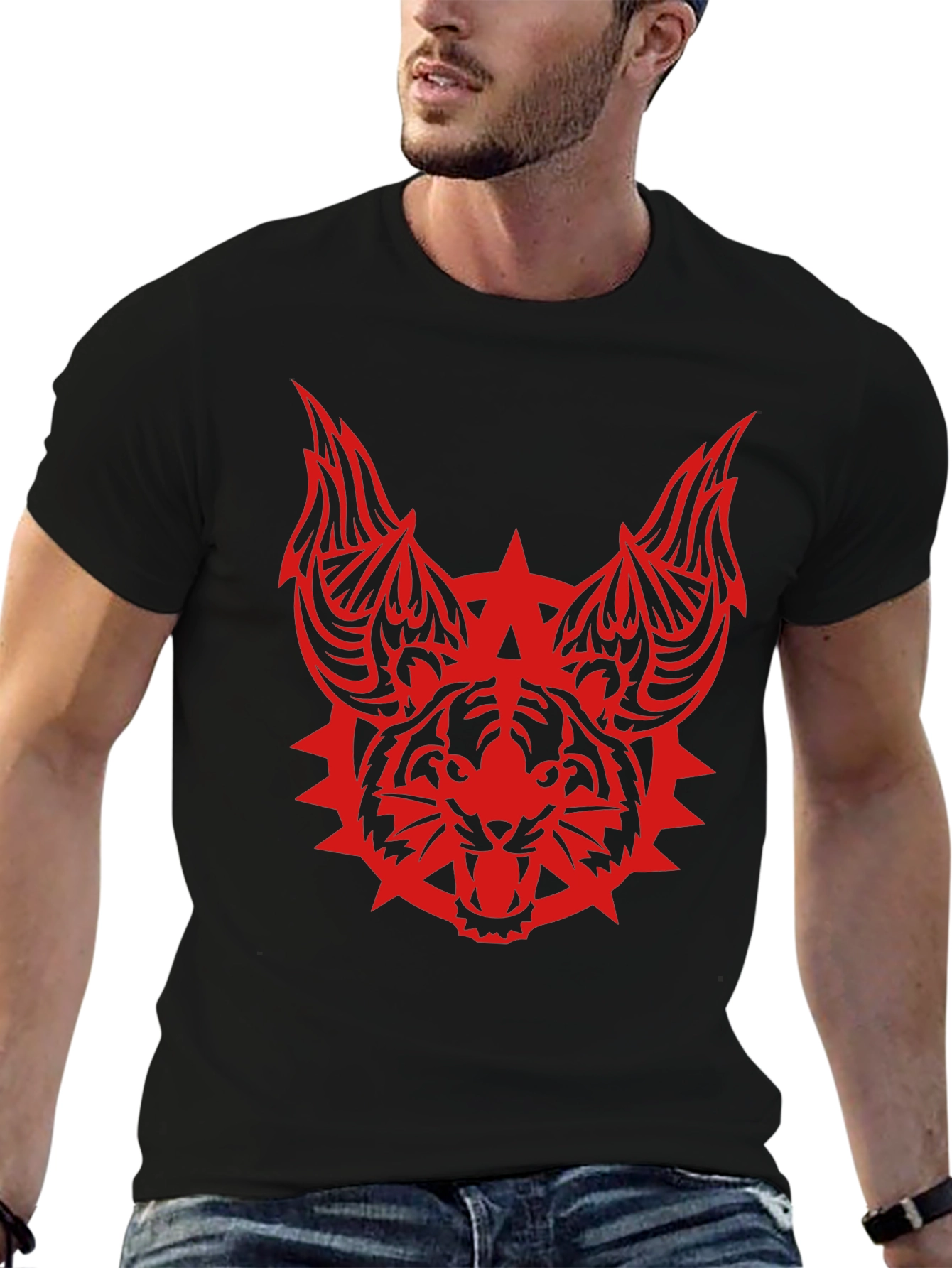 Edgy Tribal Tiger Graphic Black T-Shirt