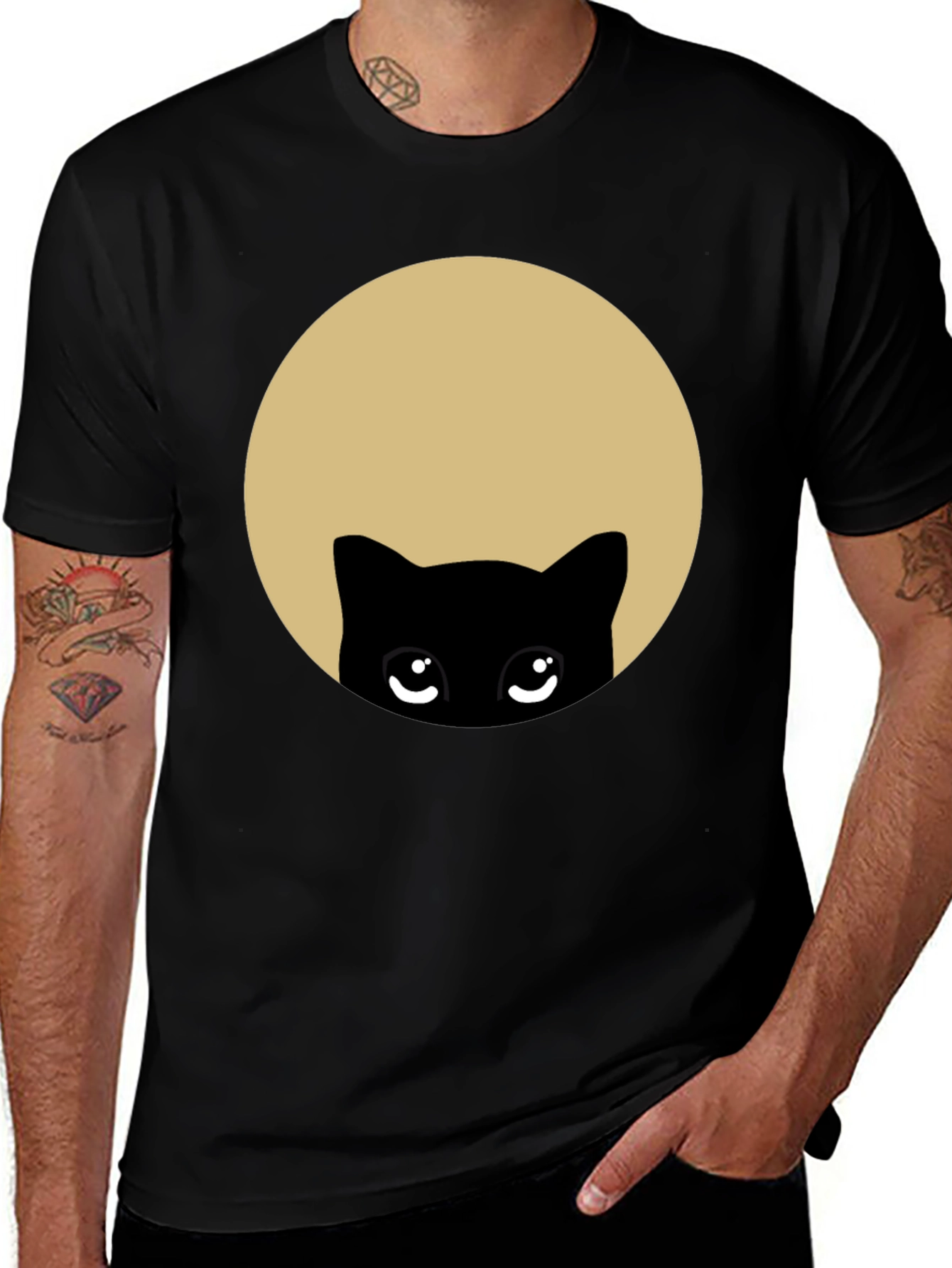 Cute Peekaboo Cat Graphic T-Shirt - Black
