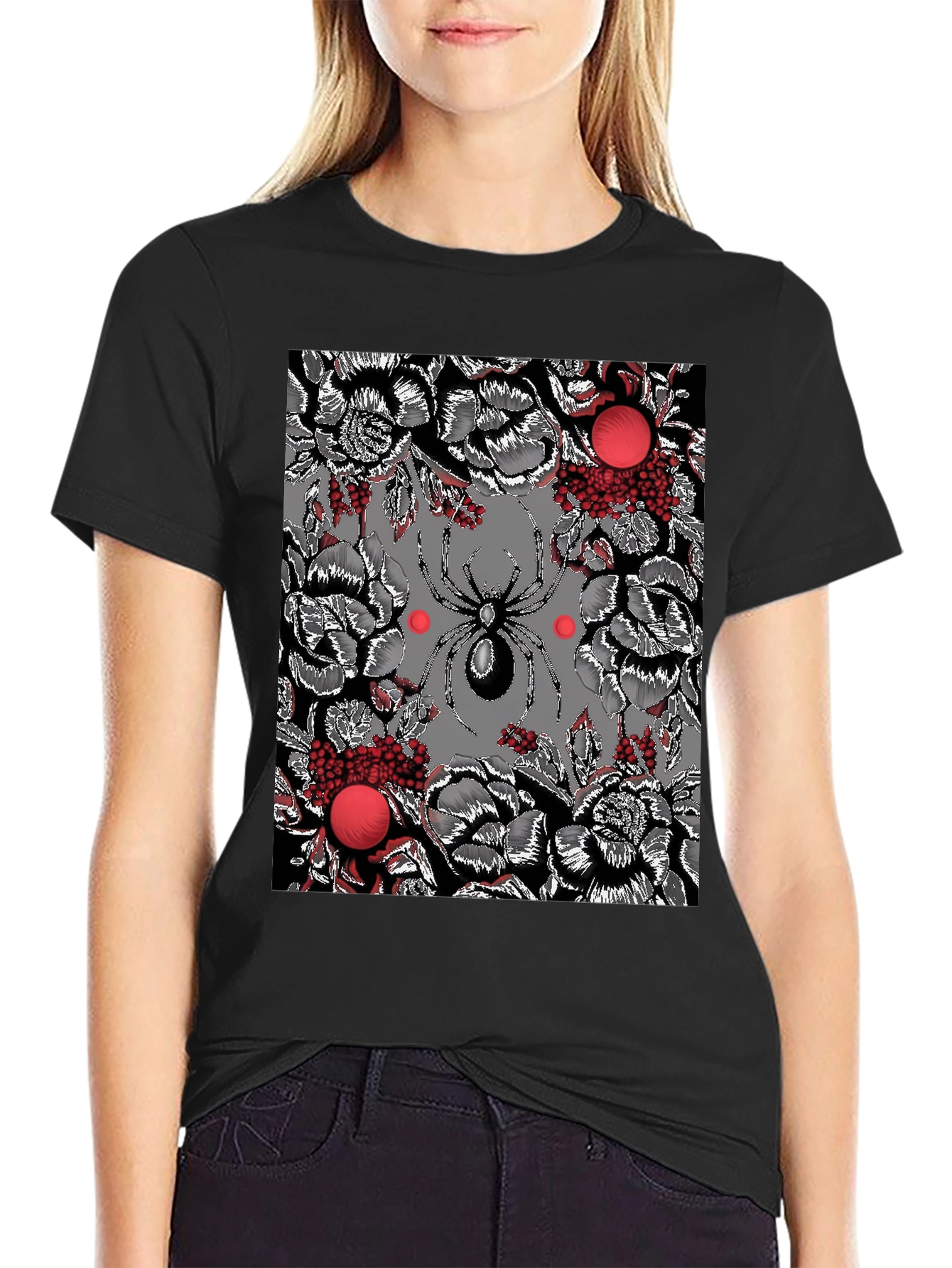 Floral Spider Graphic Black T-Shirt