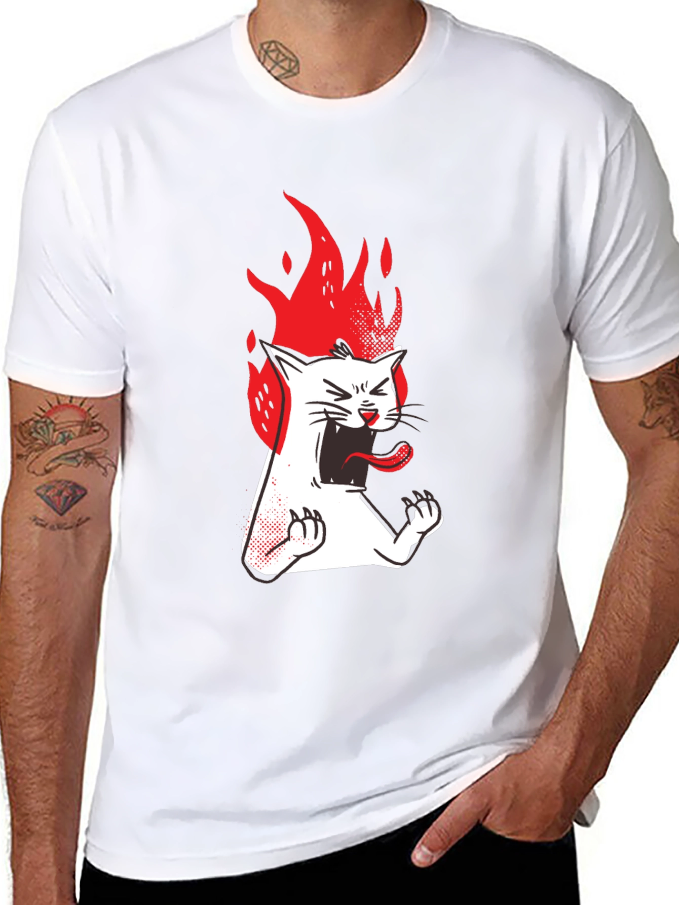 Fiery Cat Graphic Tee - Black Cotton T-Shirt