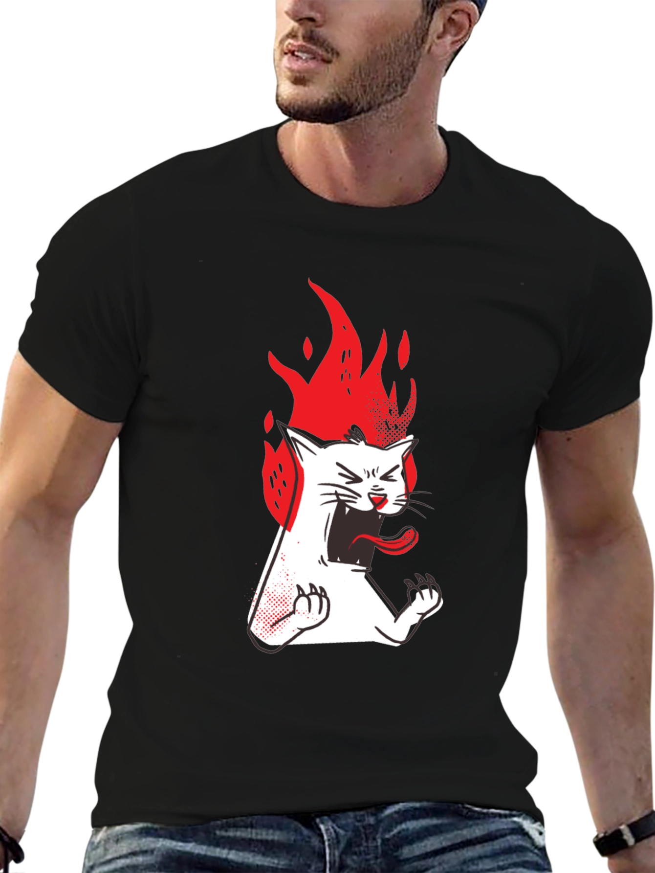 Fiery Cat Graphic Tee - Black Cotton T-Shirt