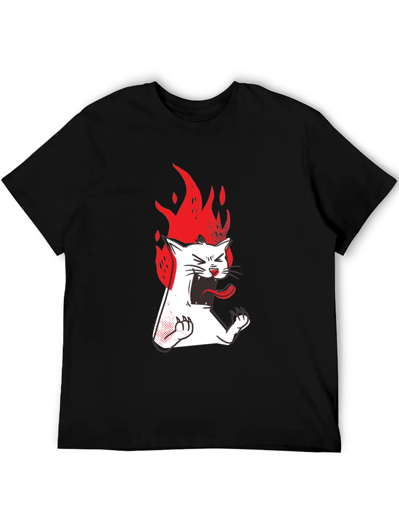 Fiery Cat Graphic Tee - Black Cotton T-Shirt