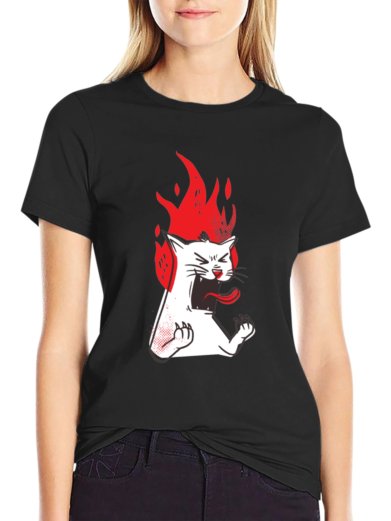 Fiery Cat Graphic Tee - Black Cotton T-Shirt