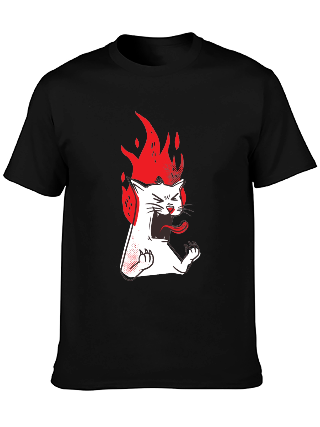 Fiery Cat Graphic Tee - Black Cotton T-Shirt