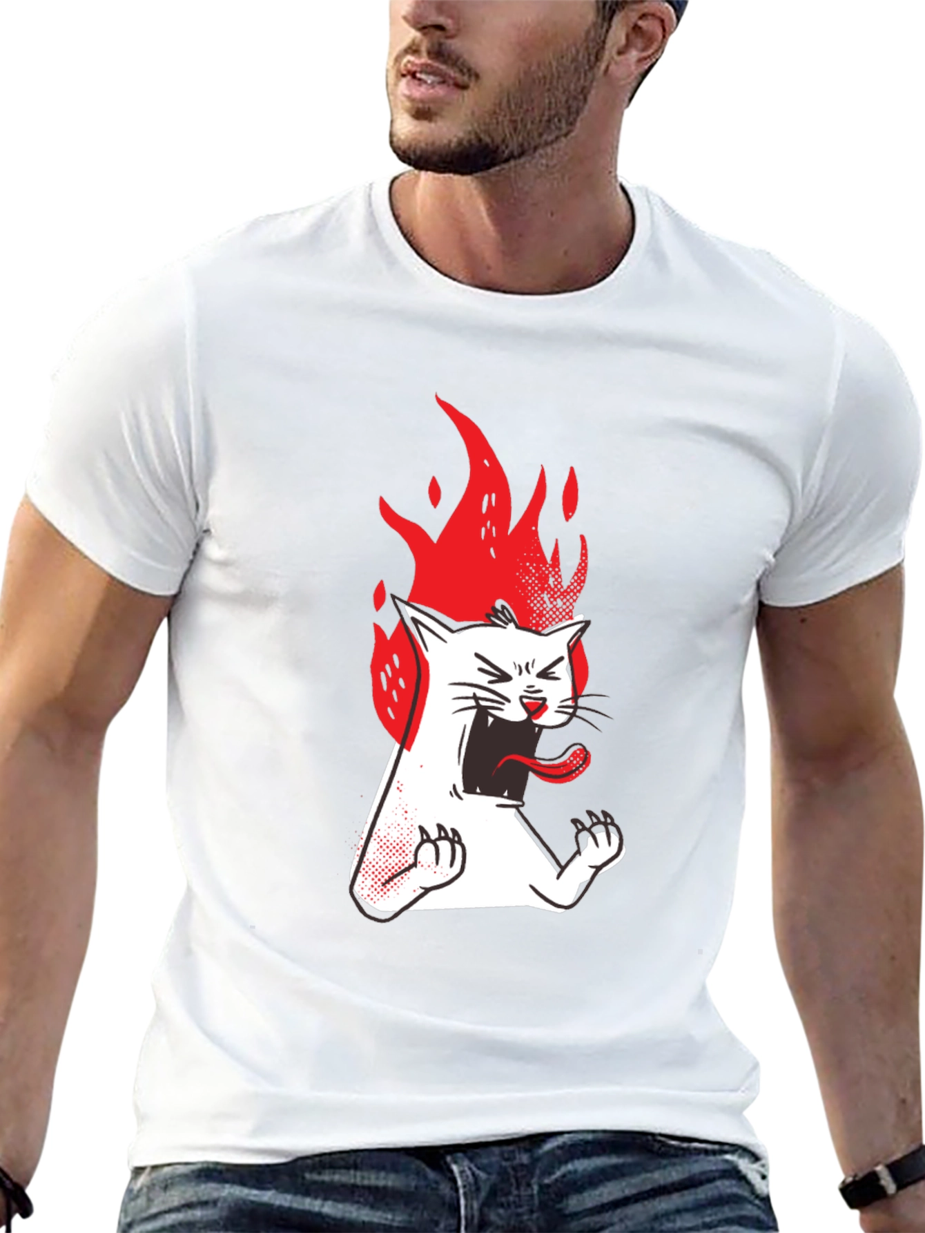Fiery Cat Graphic Tee - Black Cotton T-Shirt