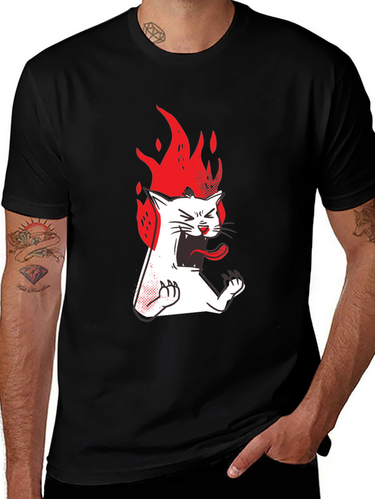 Fiery Cat Graphic Tee - Black Cotton T-Shirt