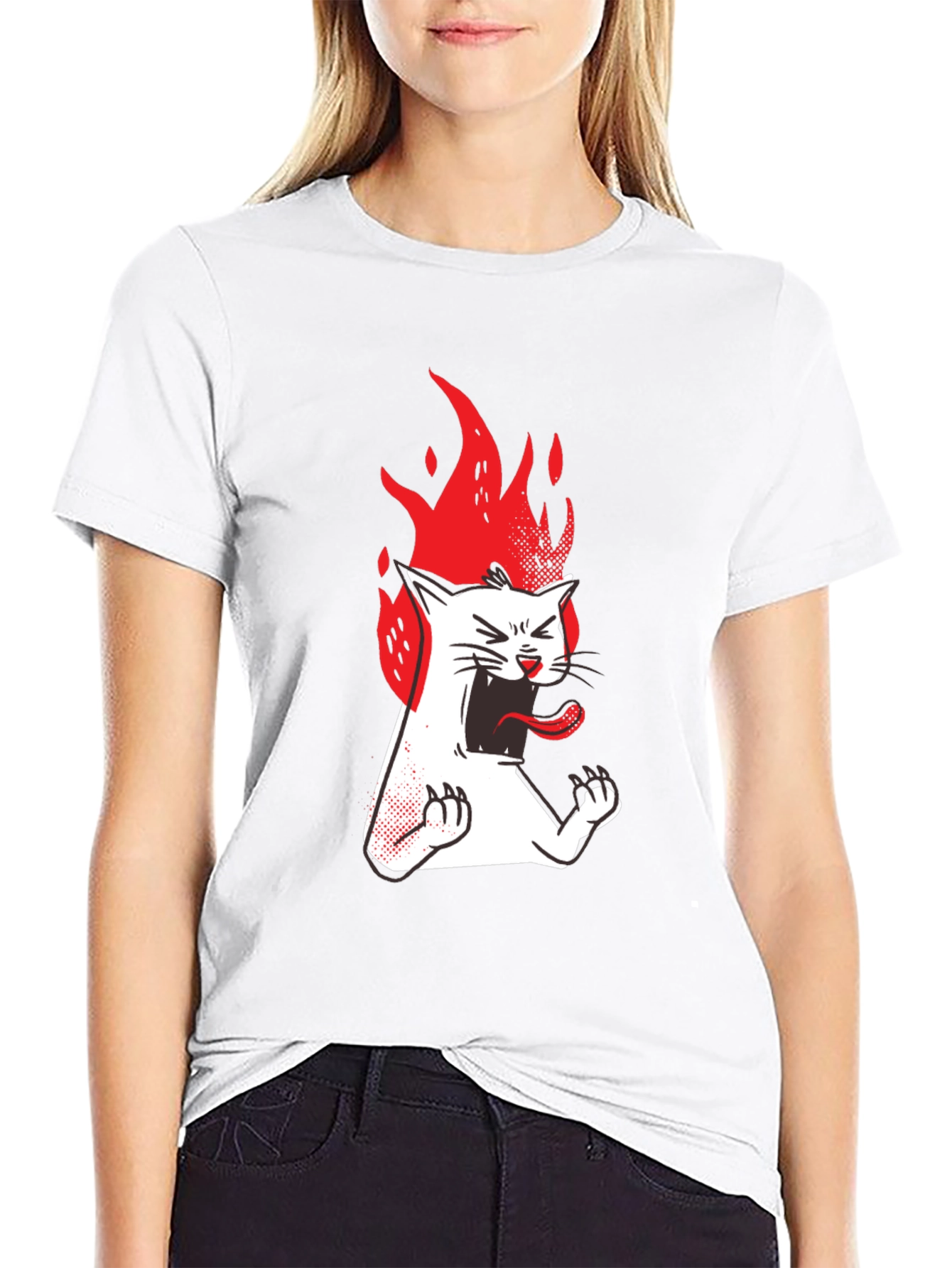Fiery Cat Graphic Tee - Black Cotton T-Shirt